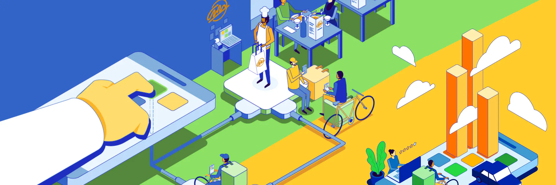 Illustration de l’écosystème de l’économie des plateformes montrant des travailleurs, des entreprises et des clients reliés par des plateformes numériques, avec des services de livraison, de restauration, de travail à distance et d’analyse de données.