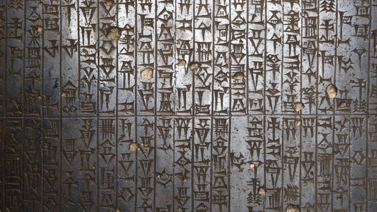 A close-up of the the text chiseled into the stone of the Hammurabi codex