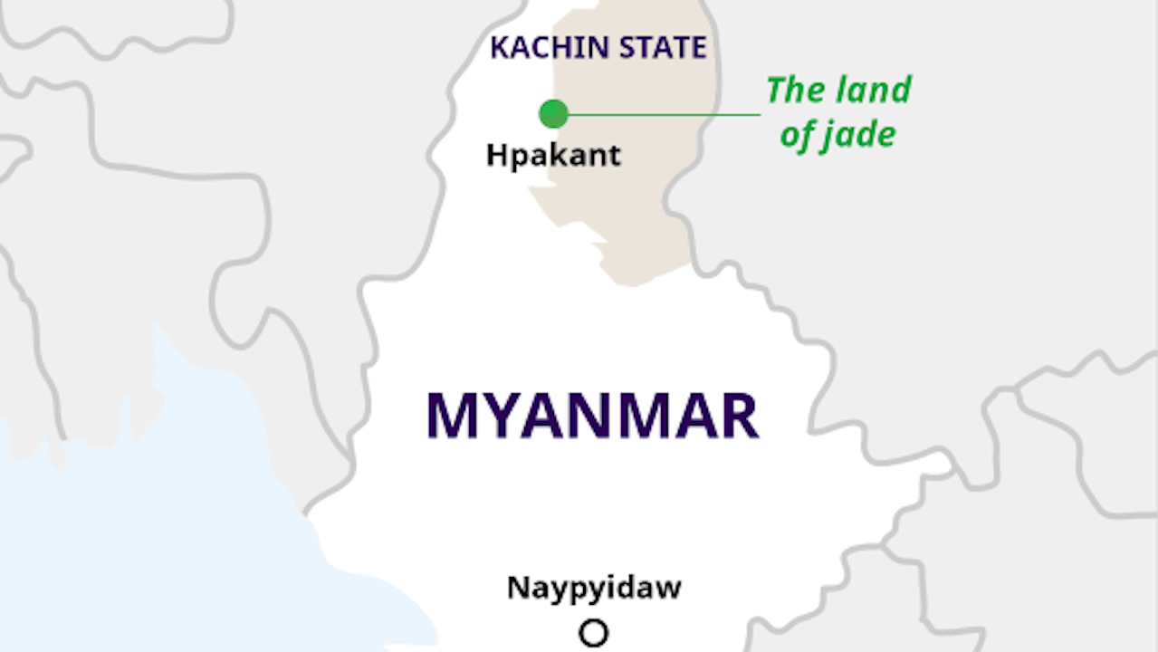Map of Myanmar, showing location of Hpakant in the north of the country and the text “land of jade”. 