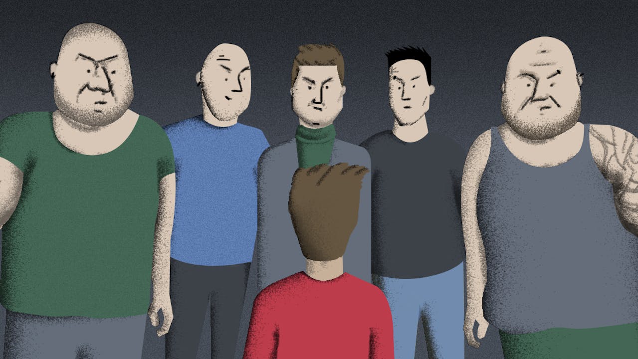 Ilustración de la espalda de un hombre con camisa roja de pie frente a un grupo de cinco hombres grandes que tienen expresiones agresivas en sus rostros.