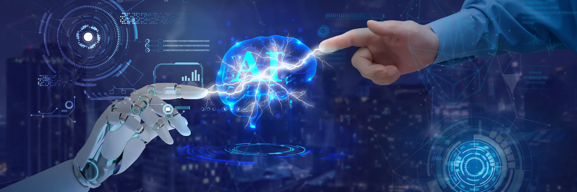 Hands of robot and human touch on artificial intelligence symbol