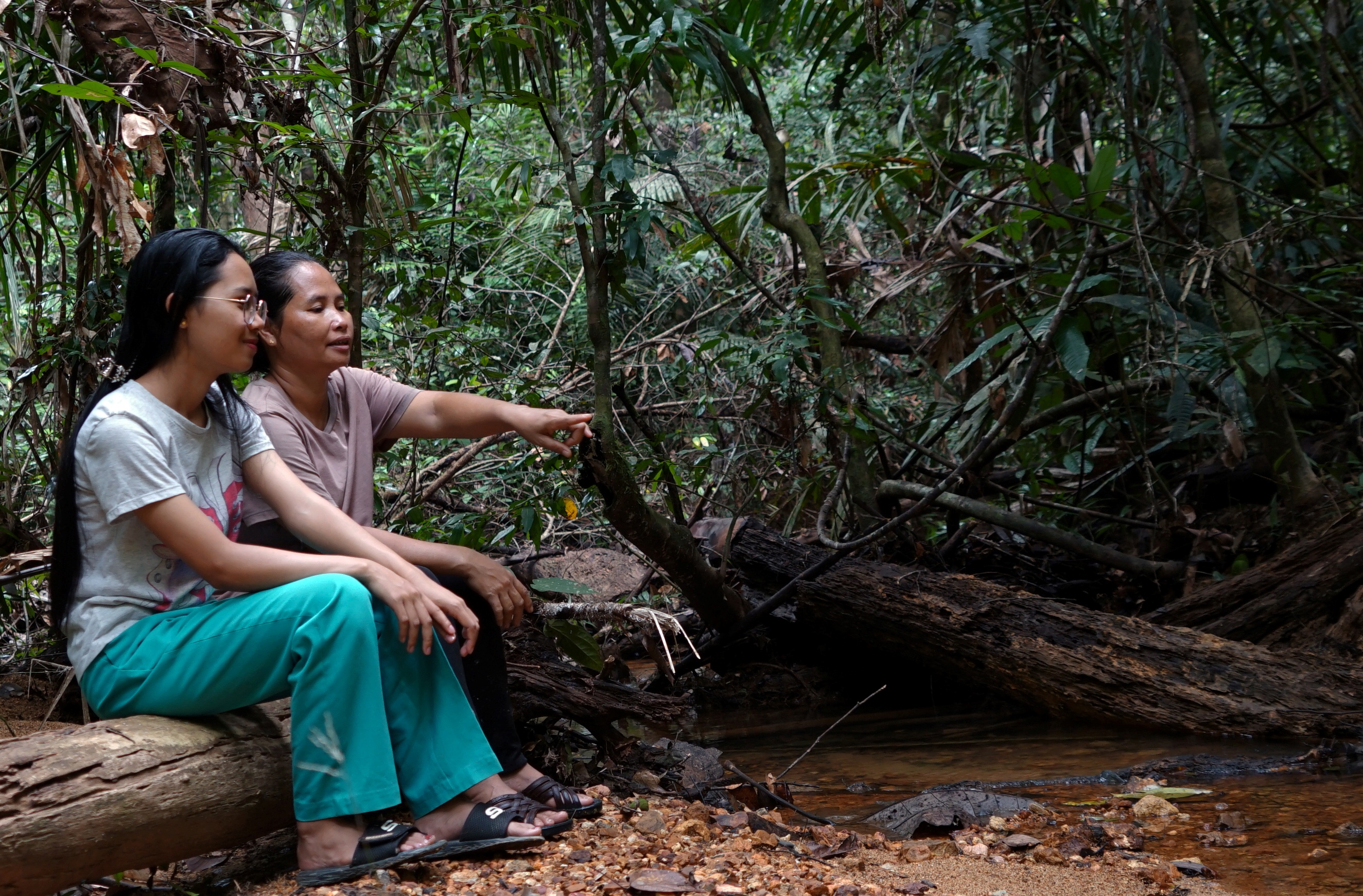 Maimun est assise avec une jeune femme sur un tronc d’arbre dans la forêt, elle montre du doigt le ruisseau devant elles.