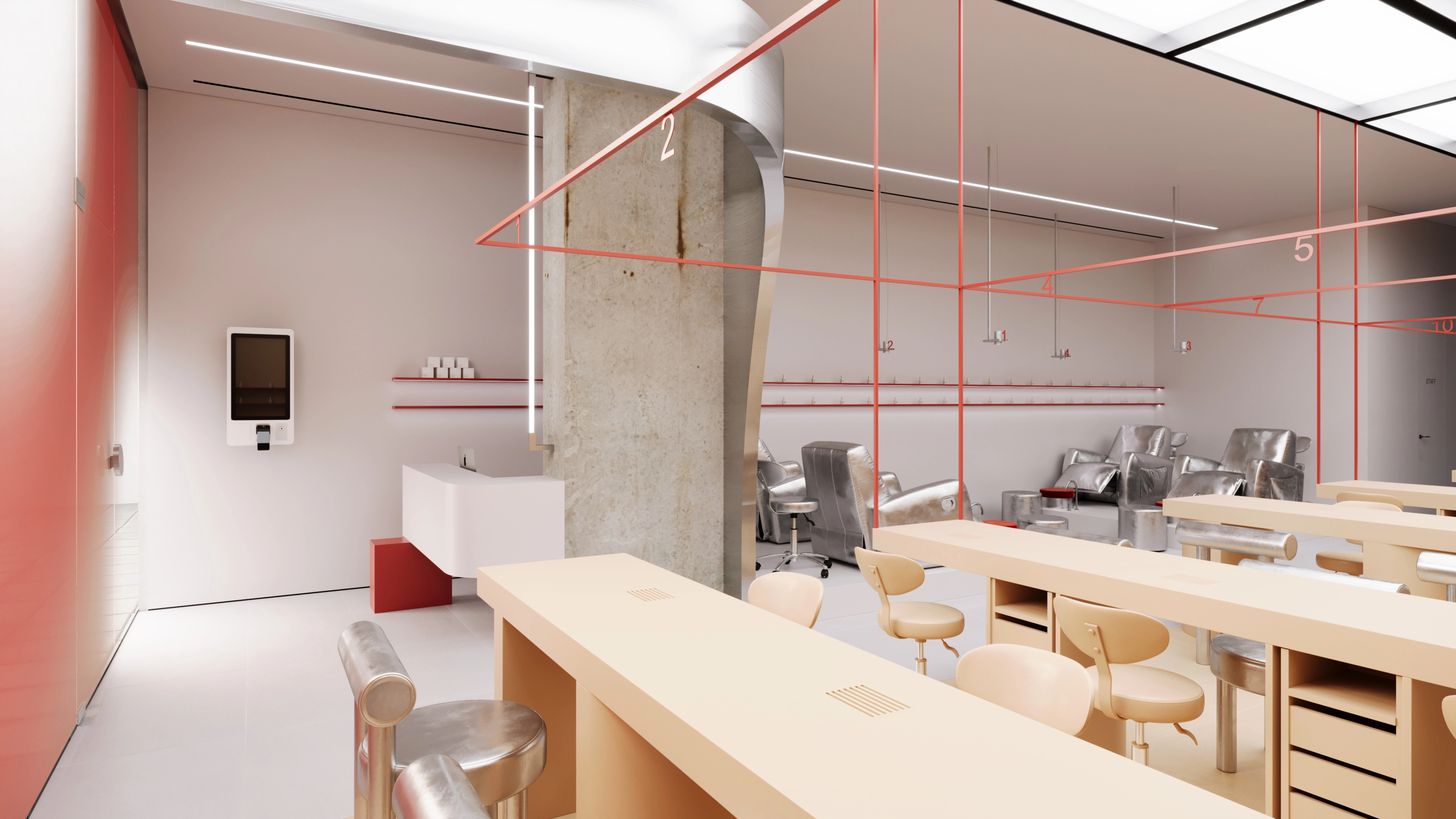 Wide view of a modern nail salon interior with a curved reception desk, red stool, concrete column, and wooden tables and chairs.