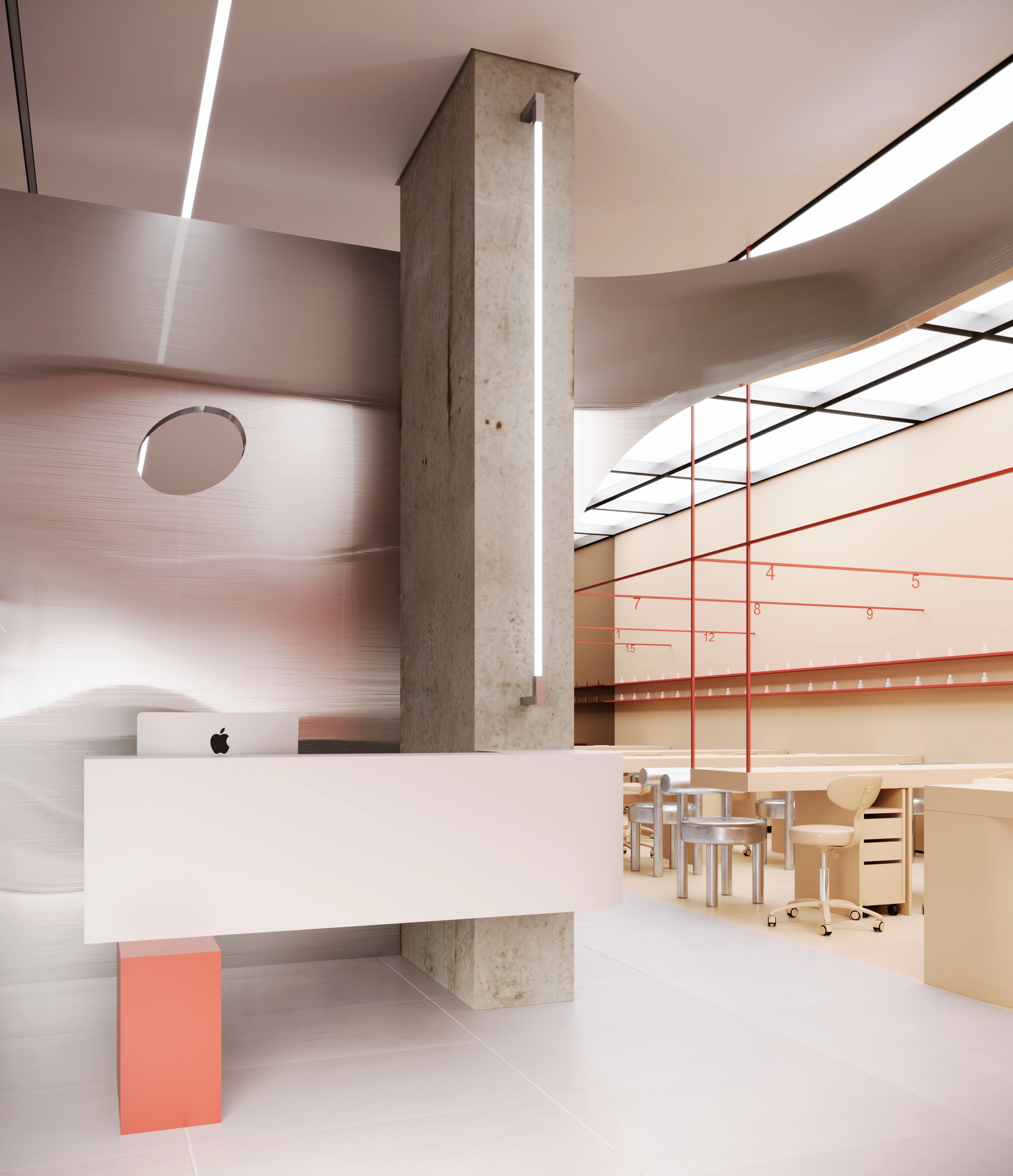 Modern nail salon interior with a curved white desk, concrete column, red-framed glass partitions, and light wood tables and chairs.