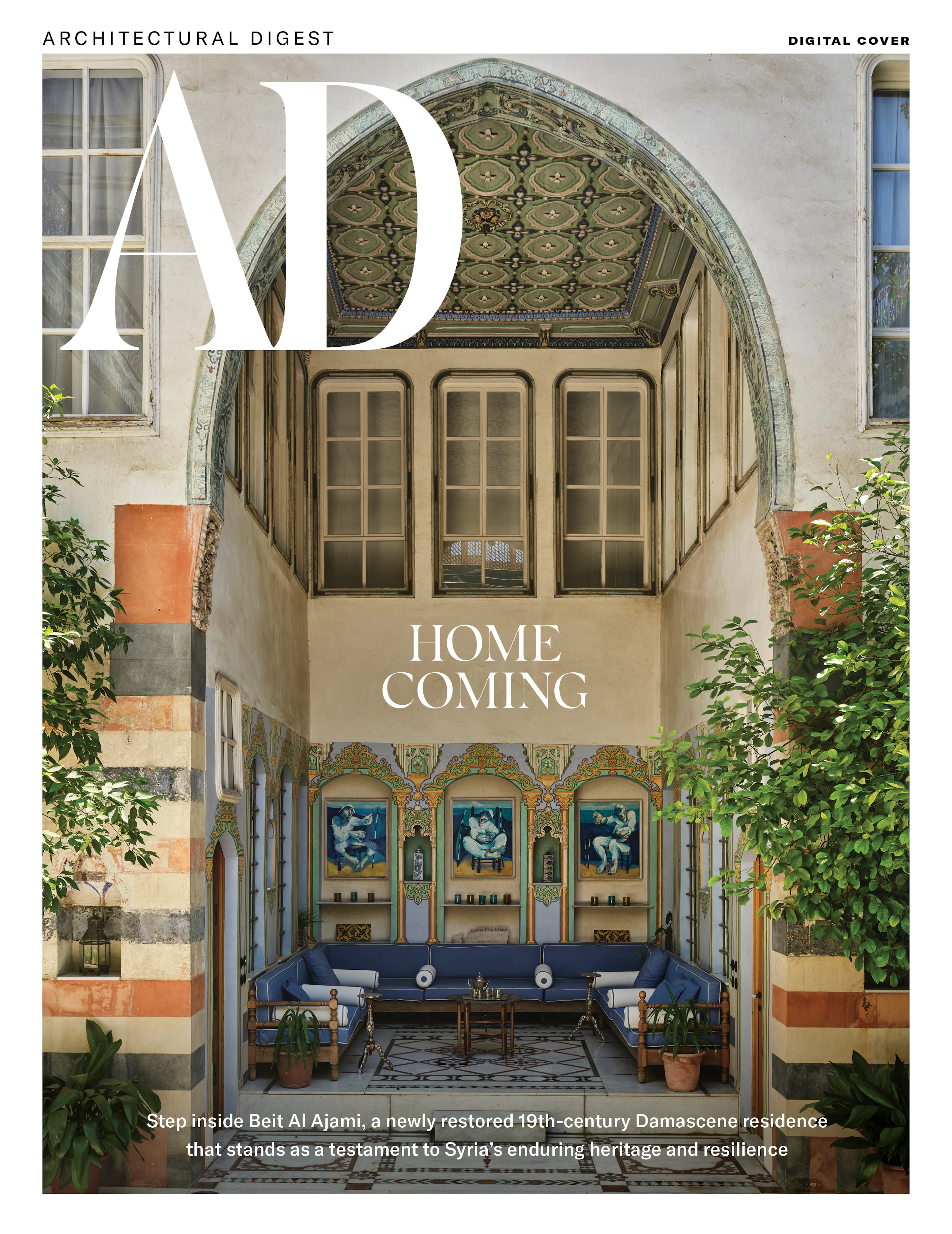 Architectural Digest digital cover featuring Beit Al Ajami’s ornate courtyard with a painted arched ceiling, blue seating, patterned tile floor, and lush greenery; headline reads Home Coming.