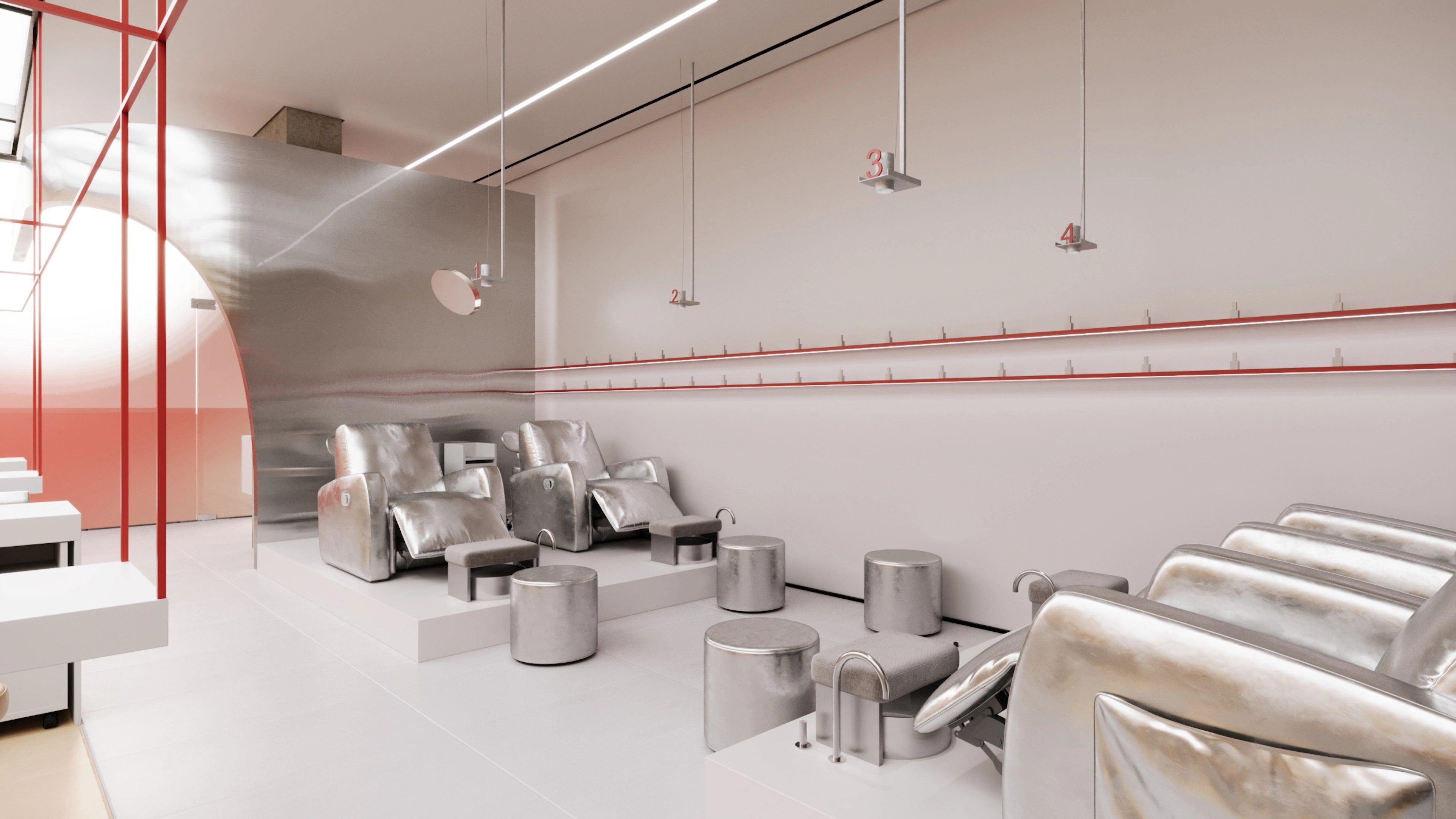 Bright nail salon pedicure area with gray pedicure chairs and foot basins separated by red-framed glass partitions.