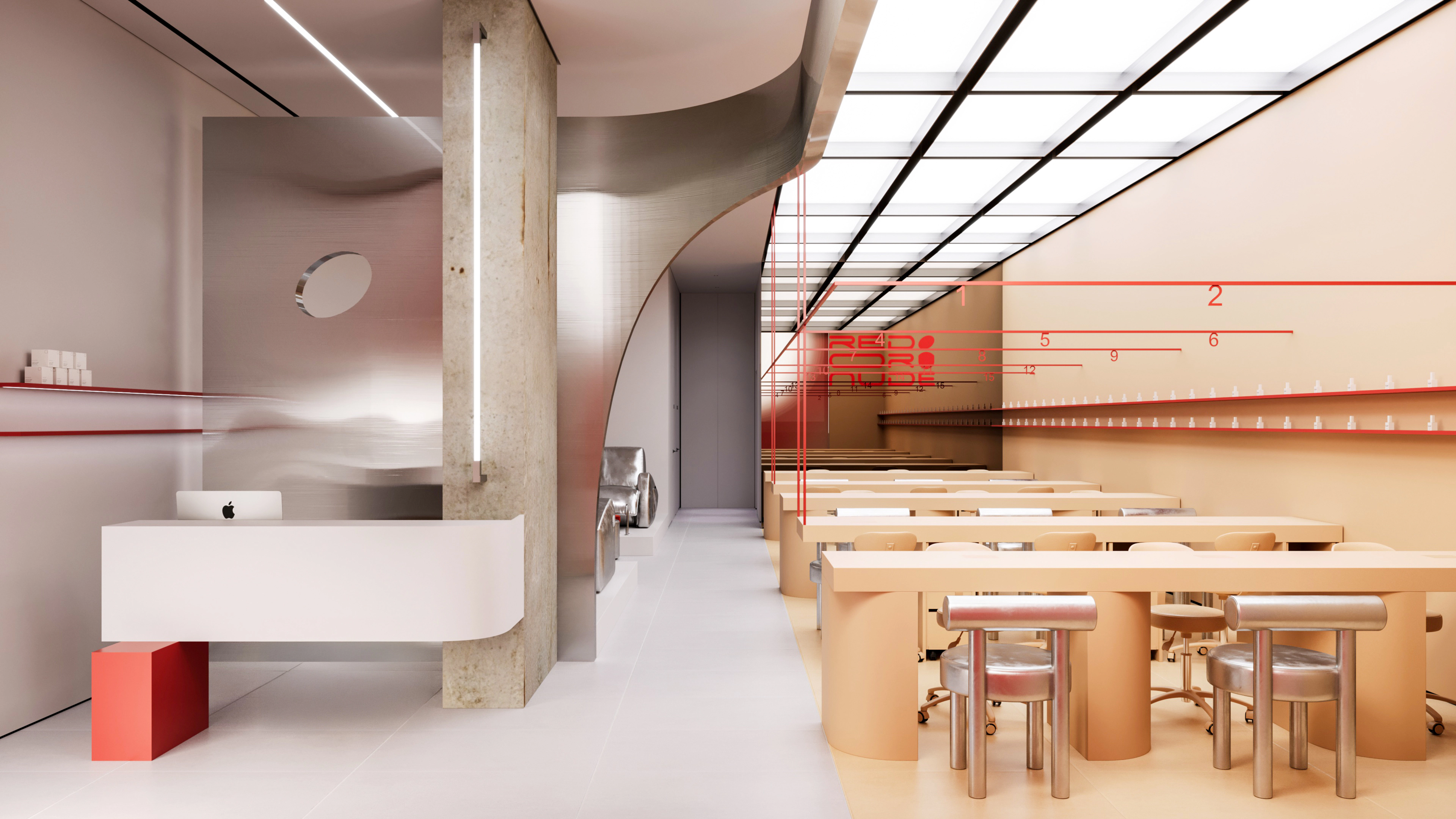 Wide view of a modern nail salon interior with a curved reception desk, red stool, concrete column, and wooden tables and chairs.