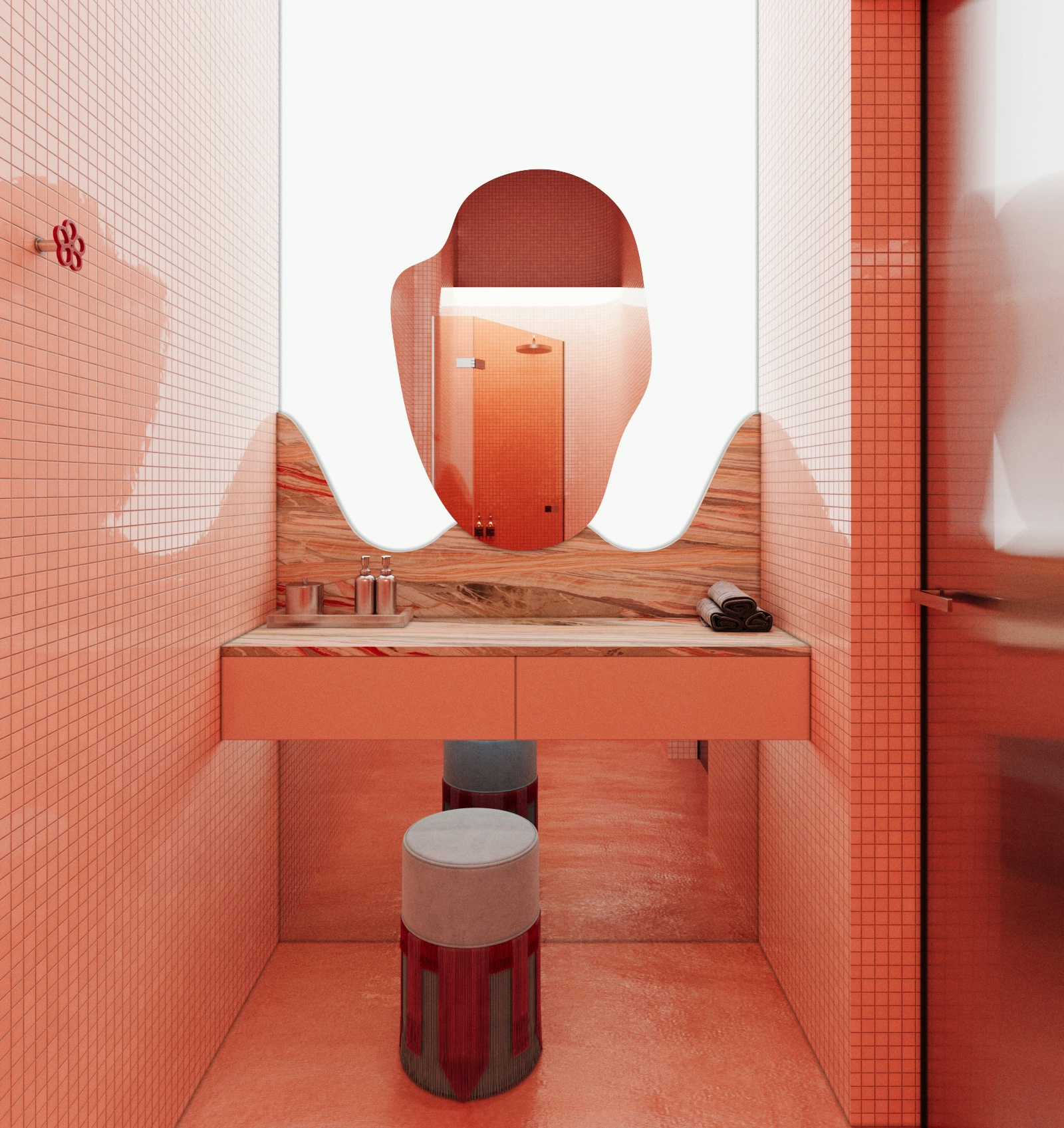 Modern changing room interior with coral pink tiles, organic-shaped mirror, marble vanity, and luxury wellness design