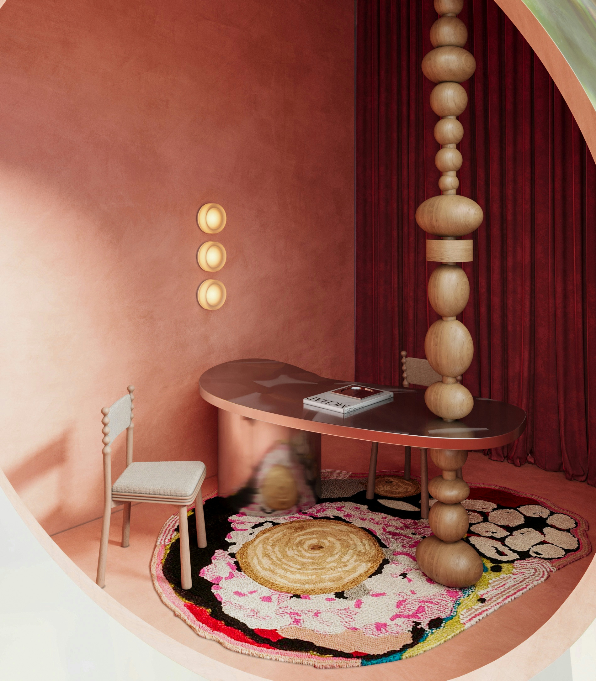 Luxury office design with coral red walls, sculptural wooden desk, statement rug, and elegant seating arrangement