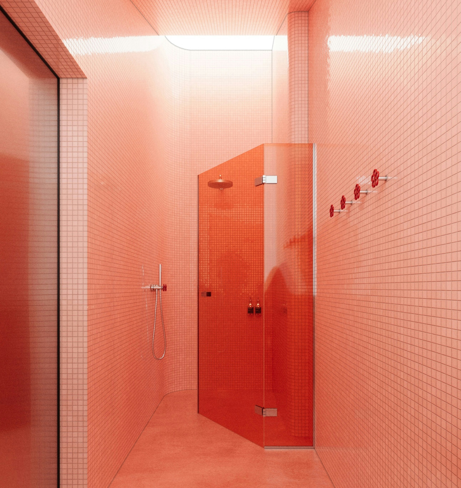 Contemporary shower space with coral pink tiles, glass shower enclosure, and minimal luxury bathroom design