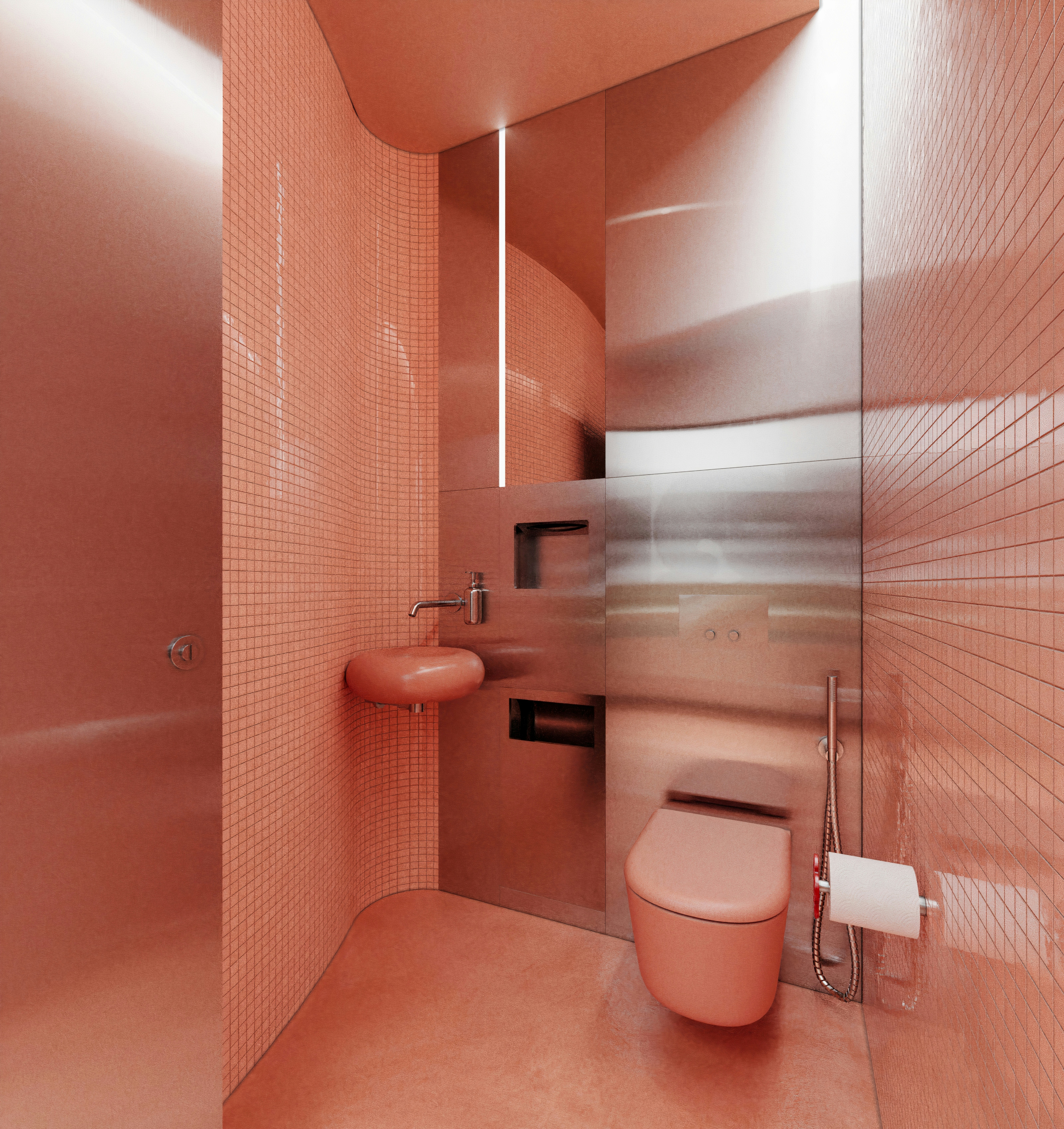 Modern restroom with coral tile walls, sleek fixtures, wall-mounted toilet, and metallic accents in luxury design