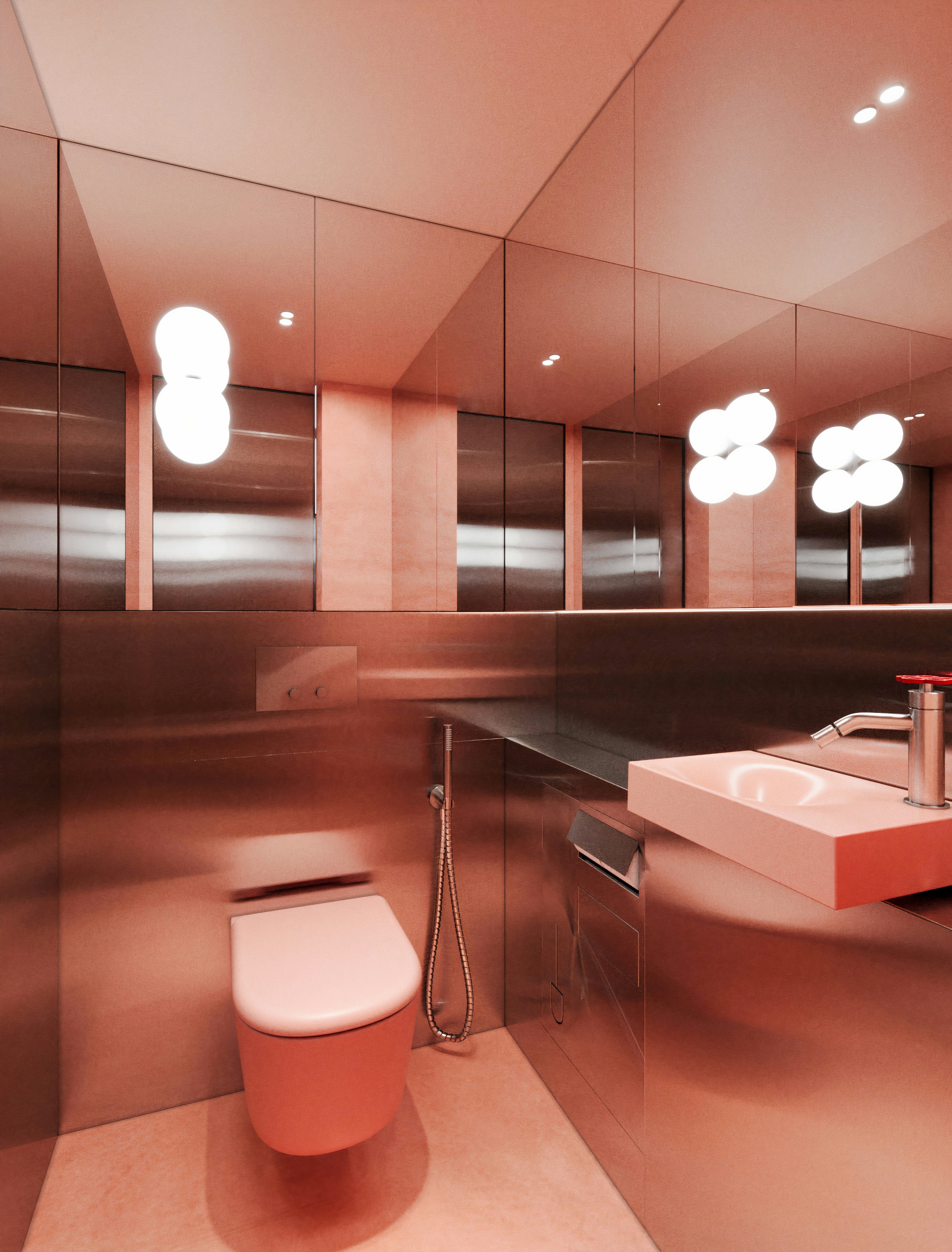 Luxury WC interior with mirrored walls, coral pink accents, modern fixtures, and atmospheric lighting