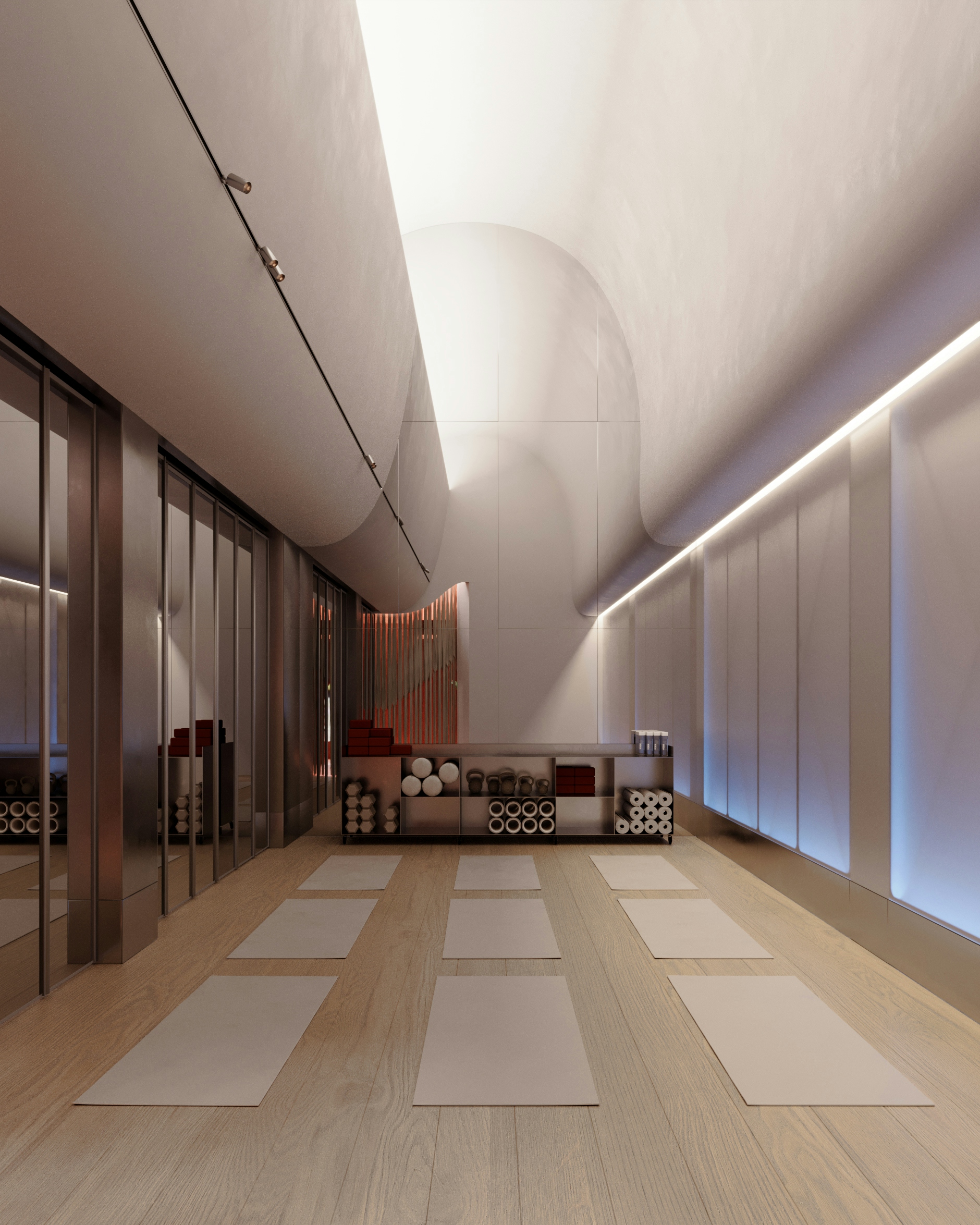 Modern yoga studio design featuring serene lighting, arched architecture, and minimalist wellness atmosphere