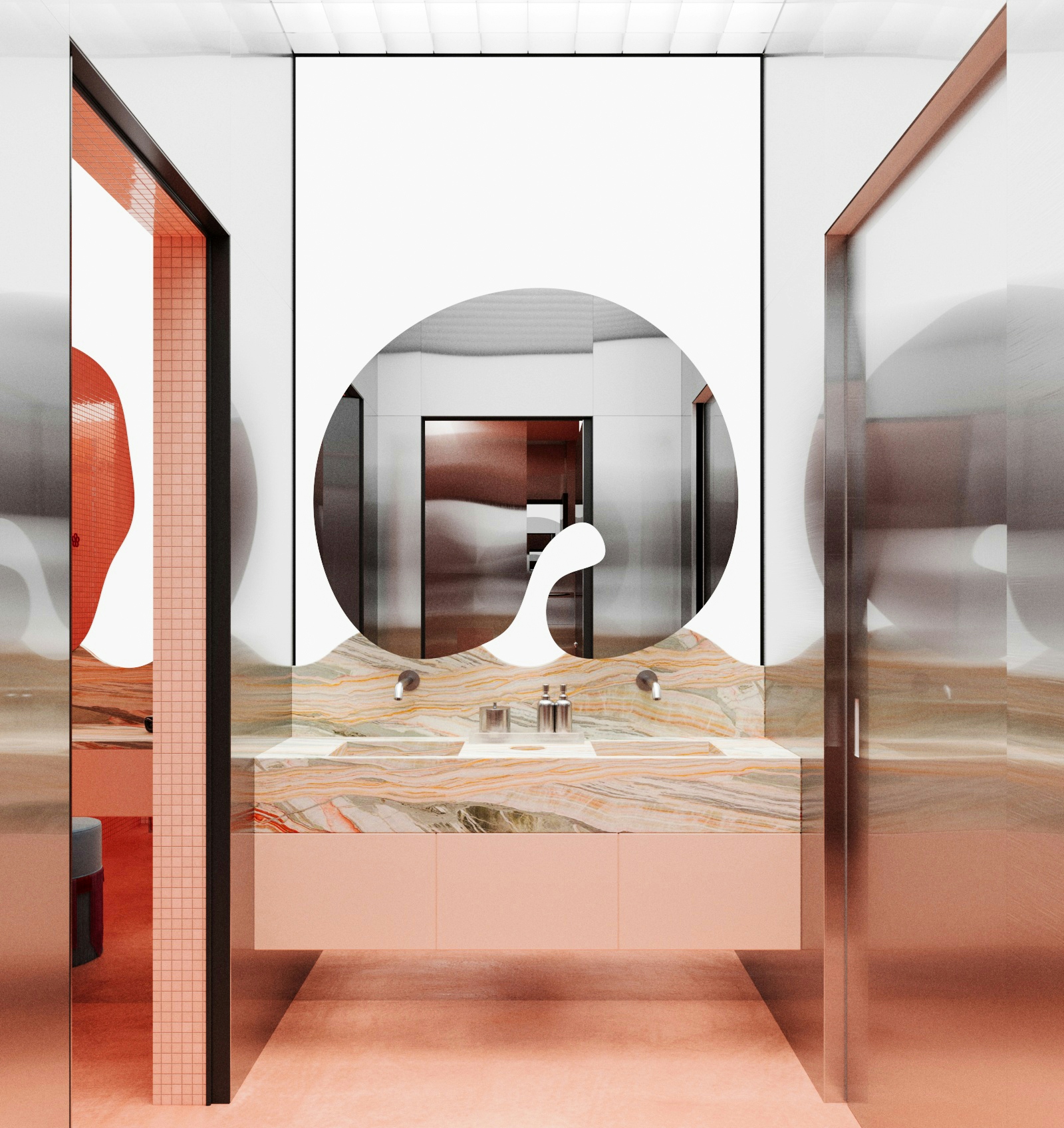 Luxury washroom interior with sculptural mirror, marble vanity countertop, and modern coral-toned finishes