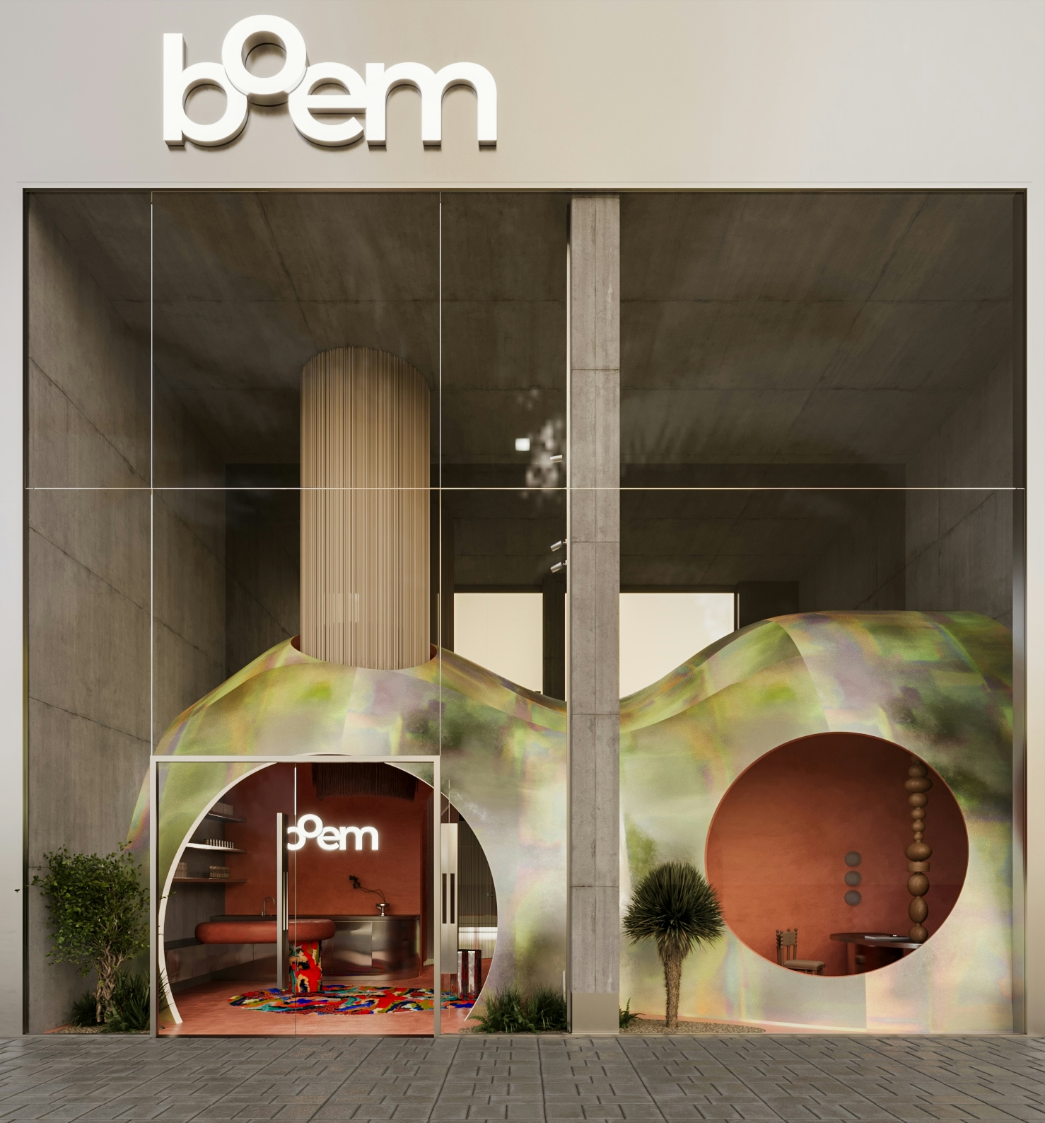 Modern commercial building exterior with Boem wellness studio branding, glass façade, and organic architectural entrance design