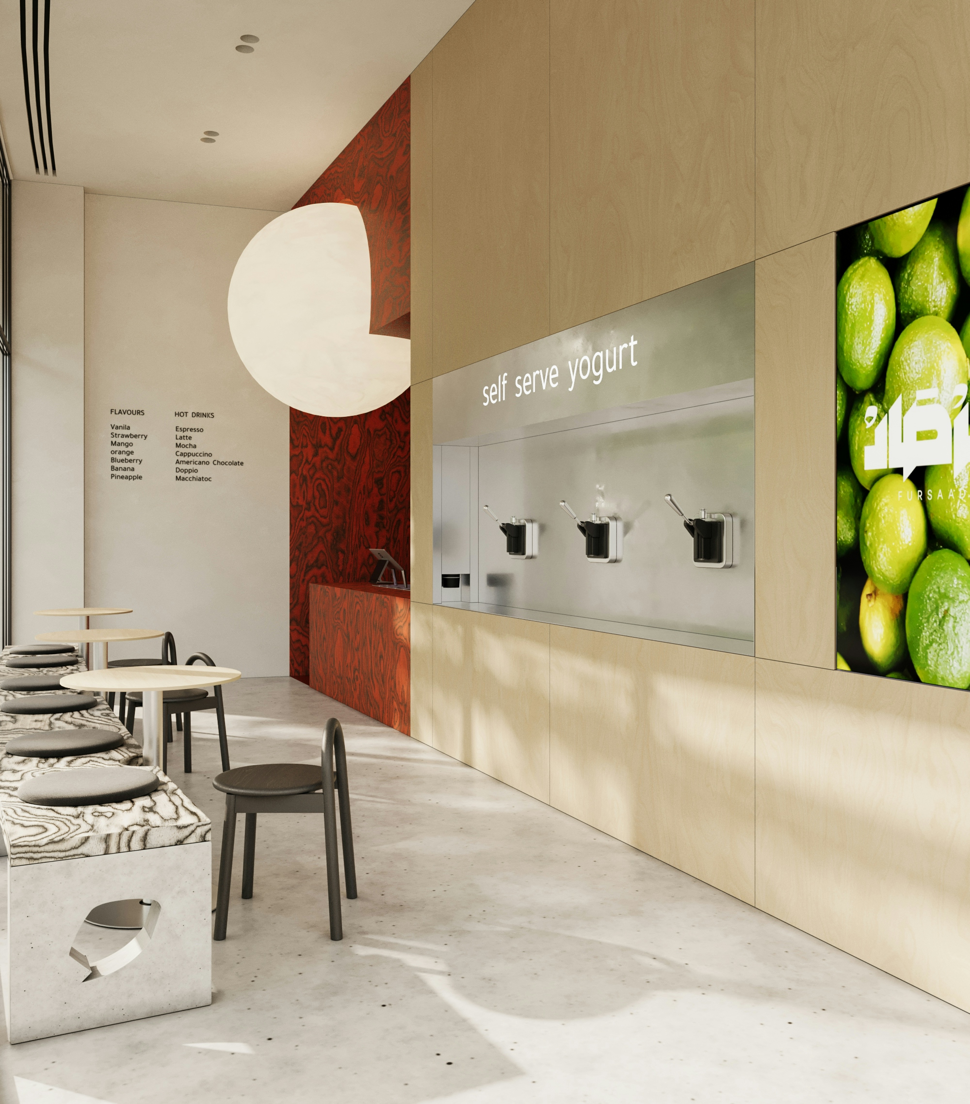 Contemporary frozen yogurt shop design with self-serve dispensers, wooden panel finishes, red accent wall, and casual seating area