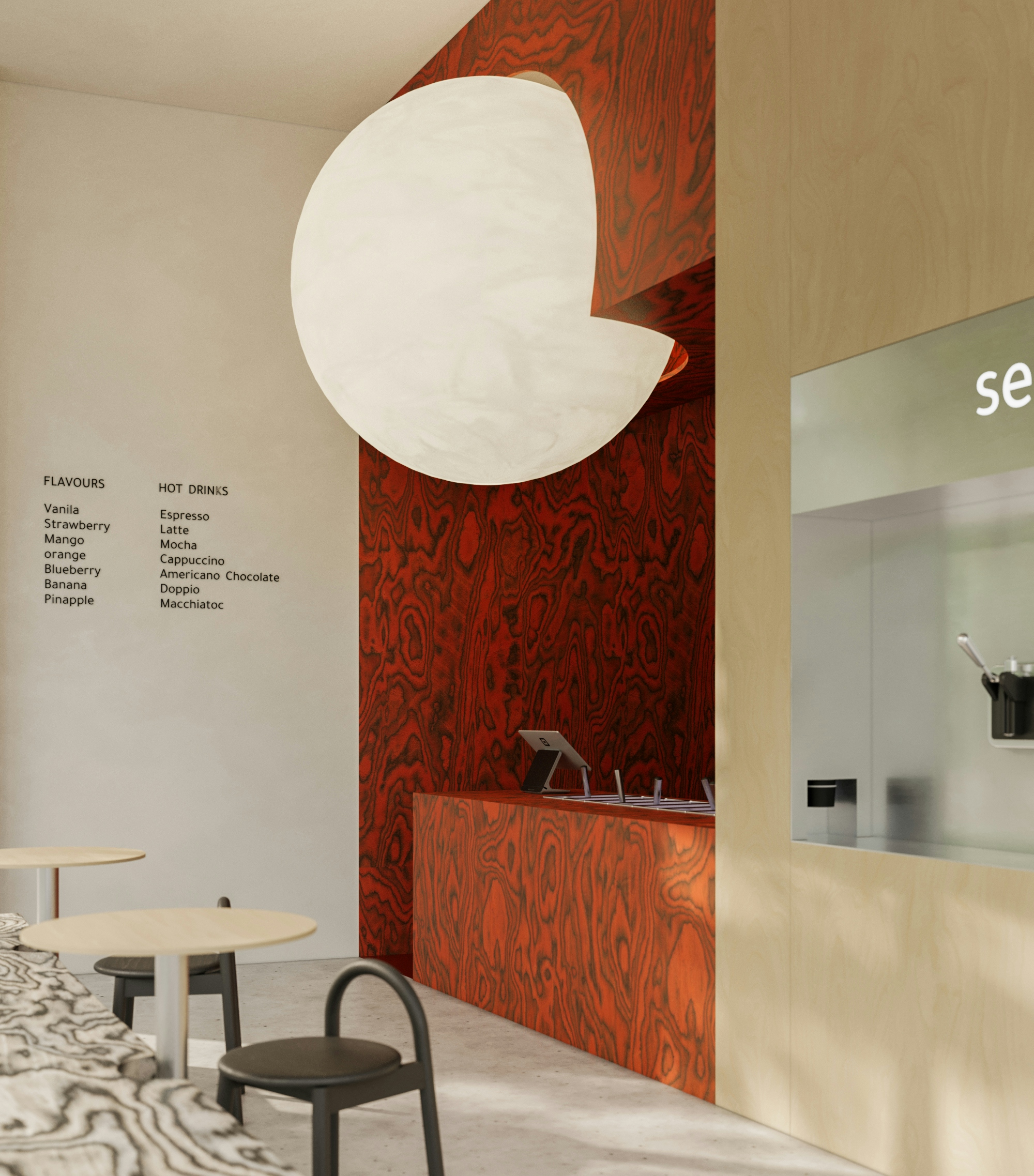 Modern yogurt shop interior with bold red wood wall paneling, sculptural circular ceiling light, and minimal dining tables