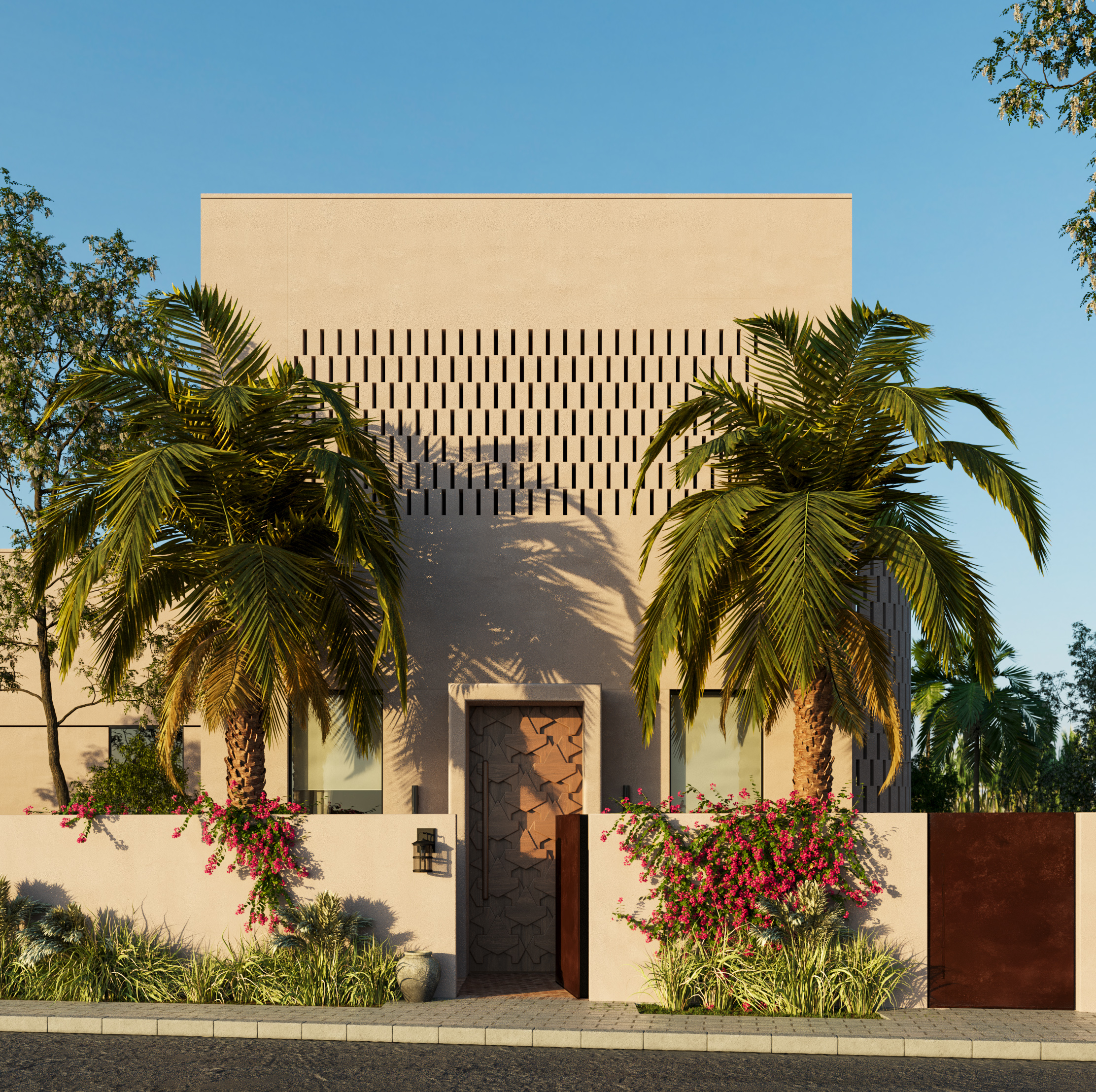 Exterior elevation of residence with tall façade, palm trees, and geometric wall openings.