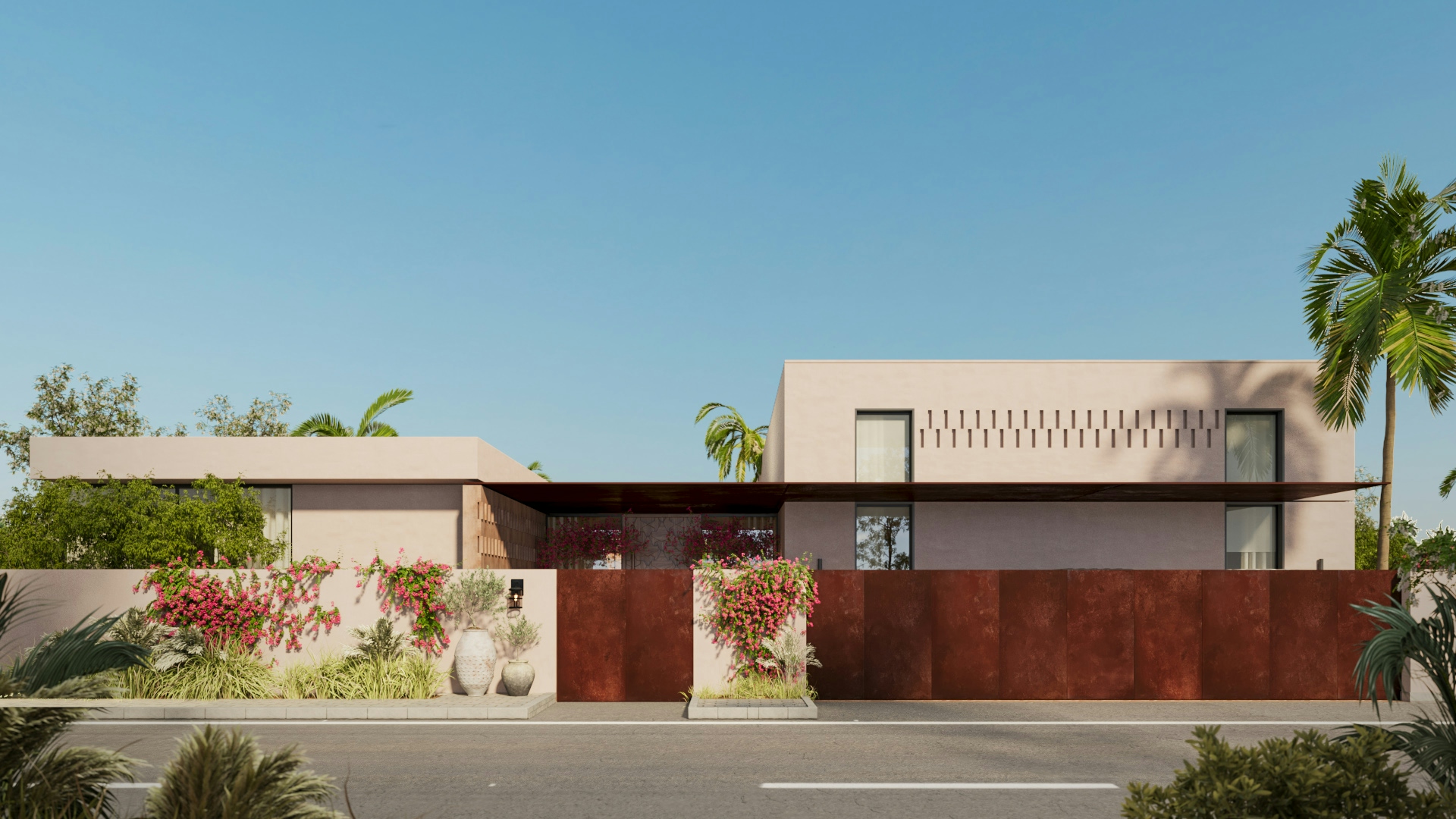 Street view of modern residence with solid gate, textured façade, and lush greenery.