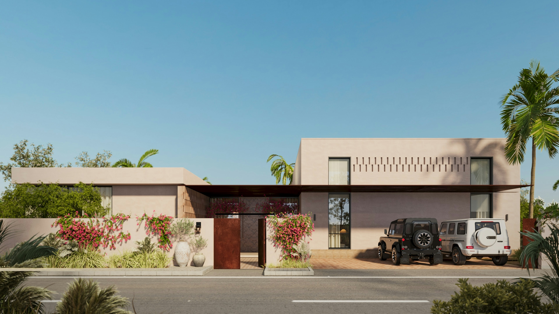 Street elevation of contemporary home with open driveway, textured walls, and tropical landscaping.