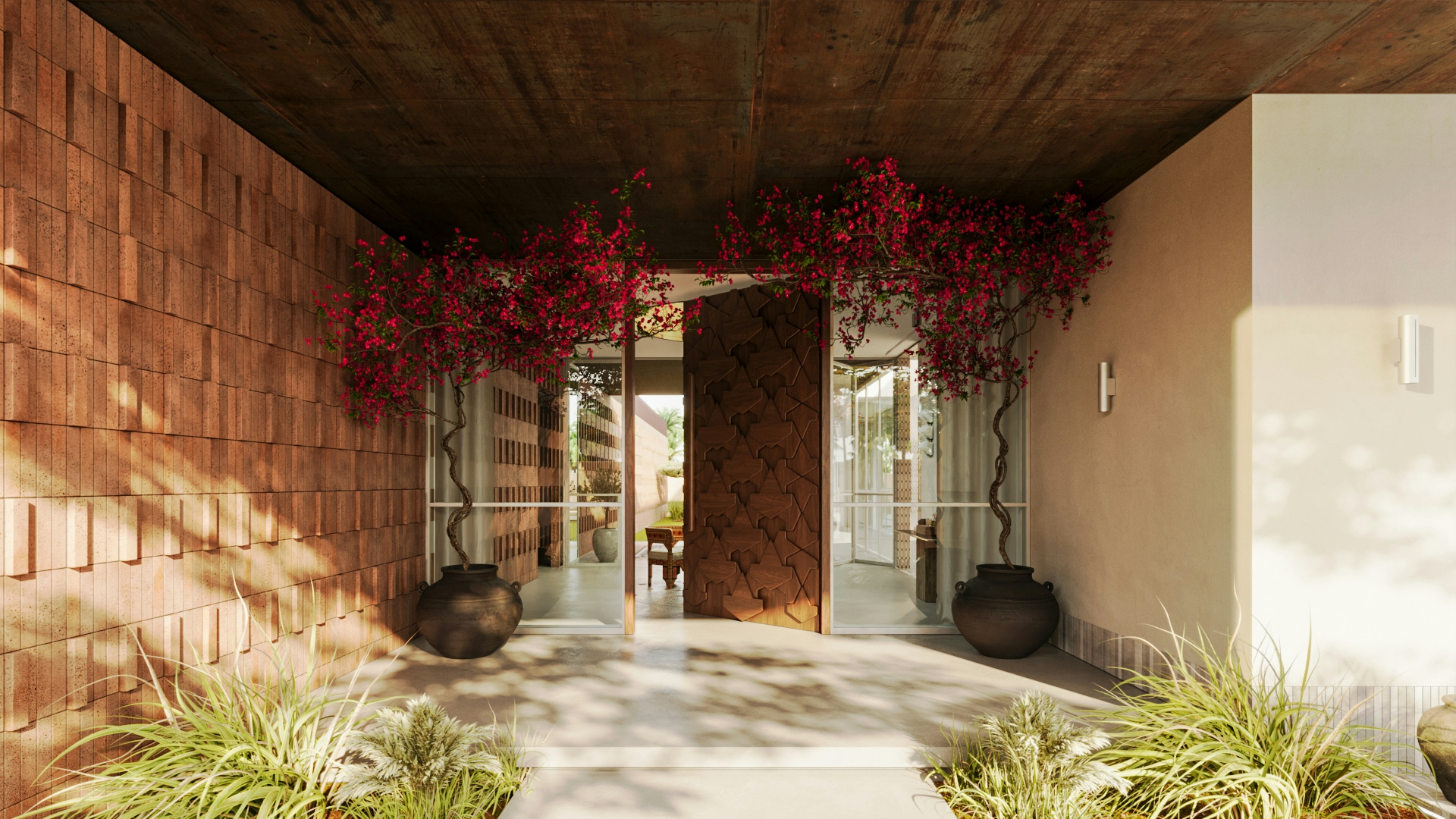 Main entrance with wooden door, climbing flowers, and shaded canopy detail.