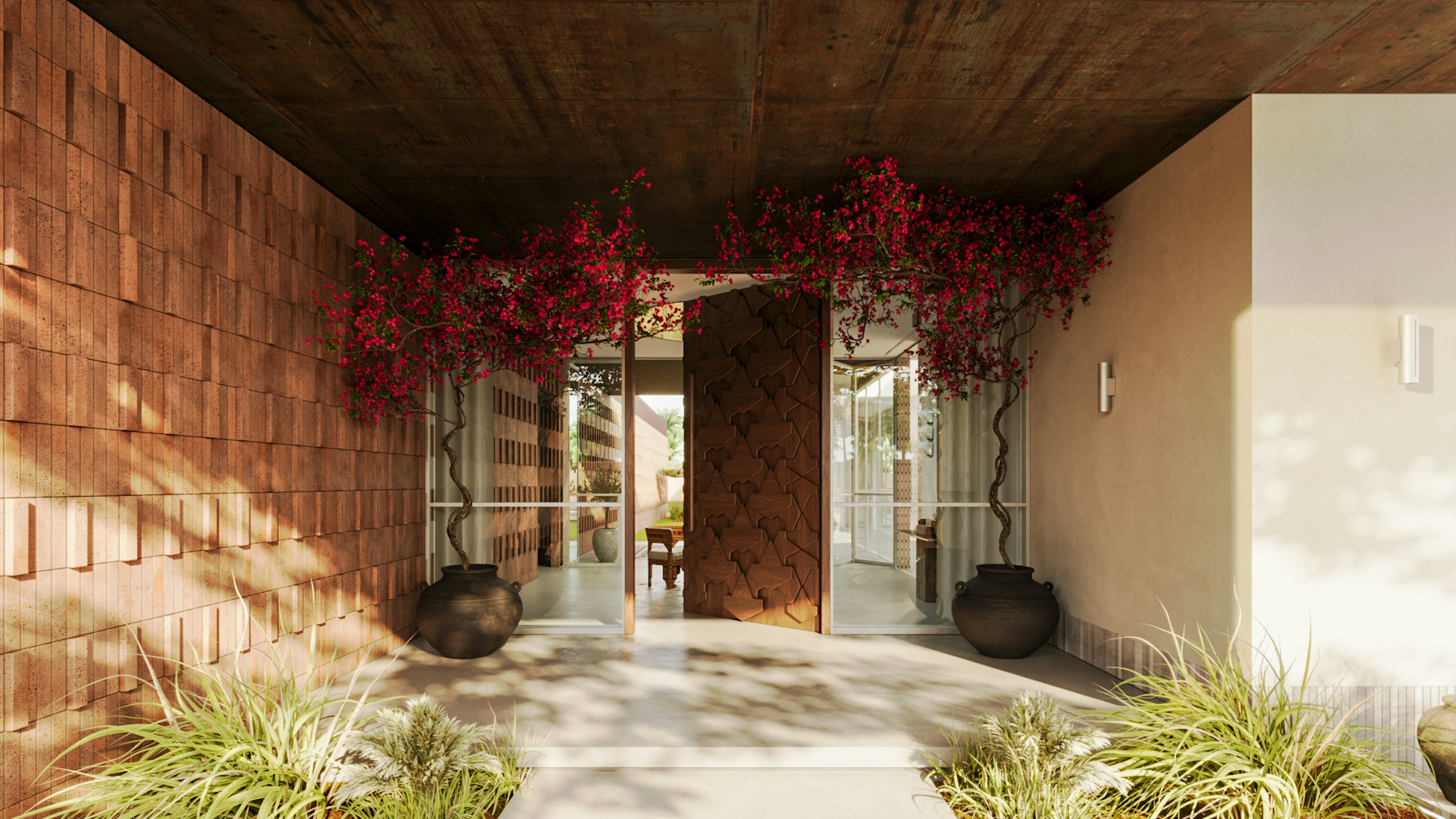 Main entrance with wooden door, climbing flowers, and shaded canopy detail.