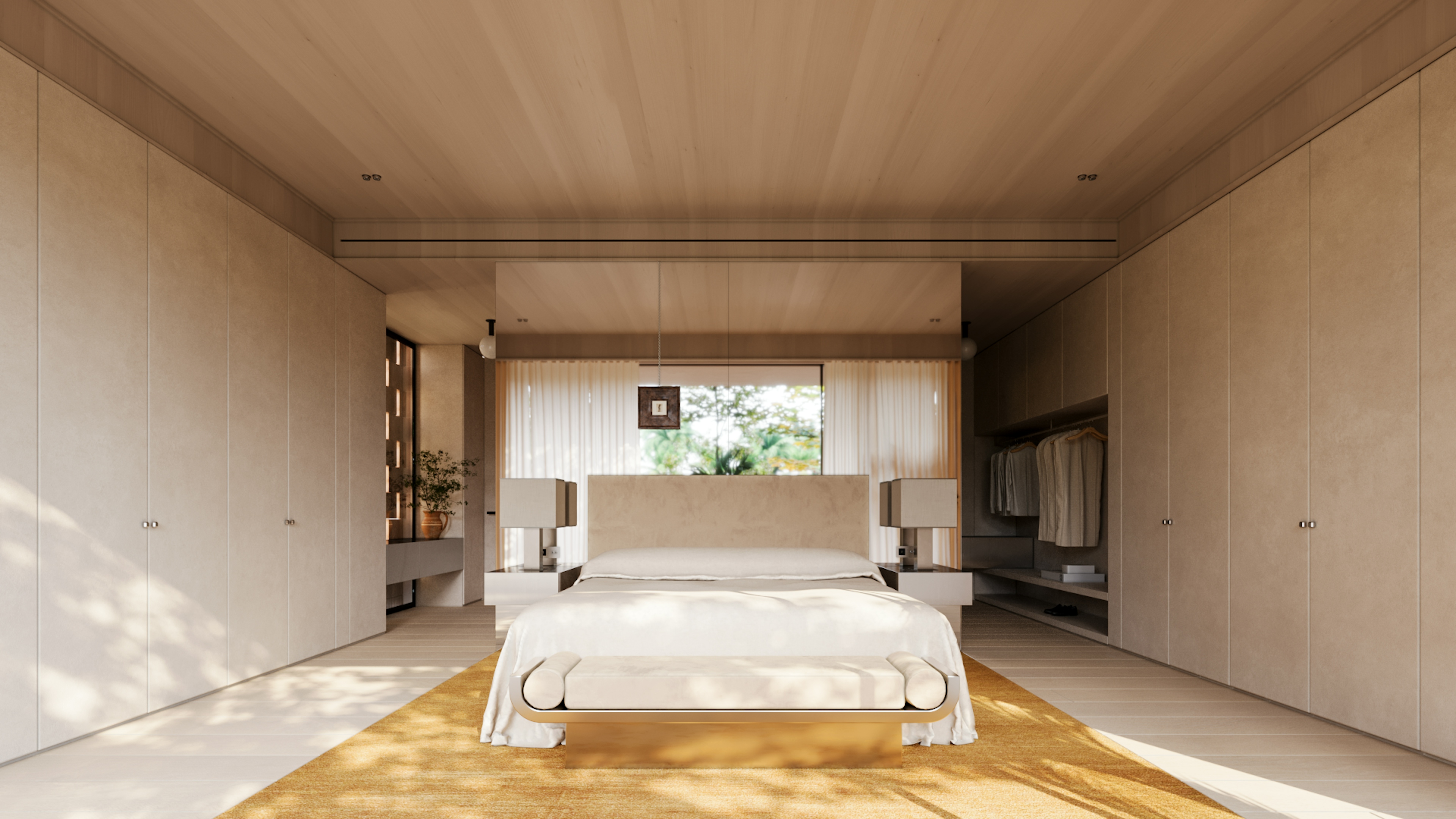 Minimalist master bedroom with warm tones, central bed, and soft natural light from large window.