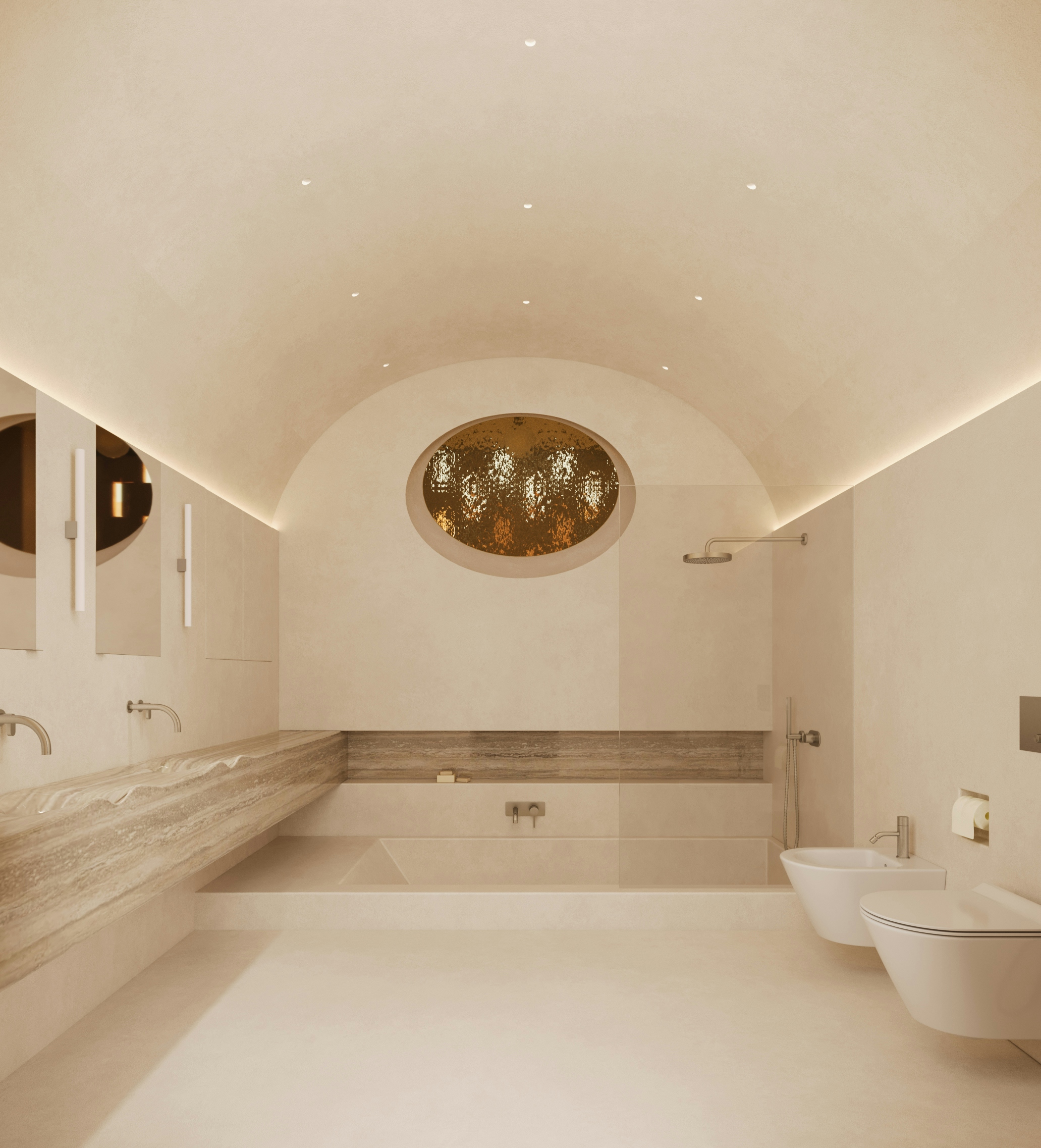 Contemporary ensuite bathroom with arched ceiling, built-in bathtub, and warm ambient lighting.