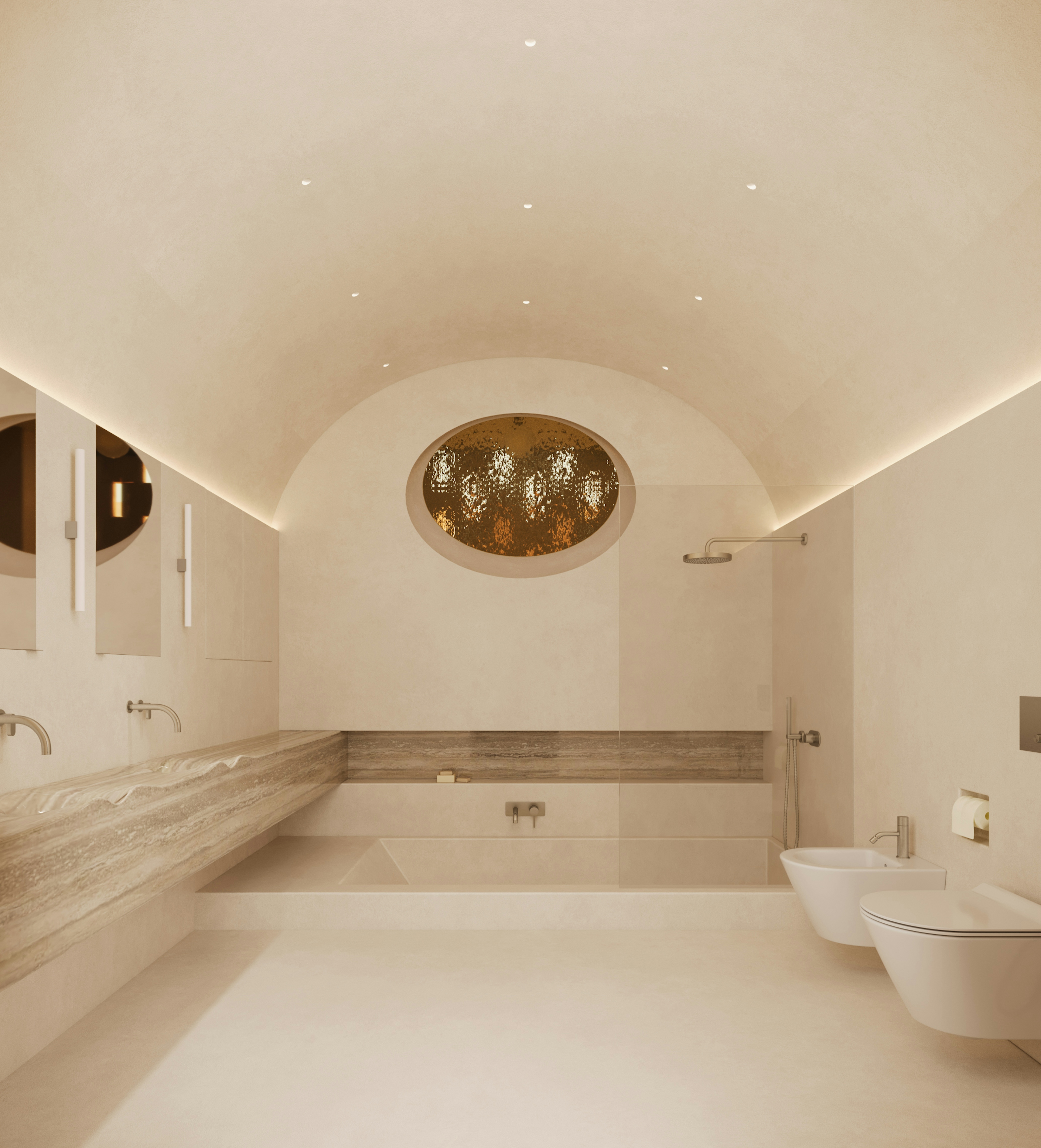 Contemporary ensuite bathroom with arched ceiling, built-in bathtub, and warm ambient lighting.