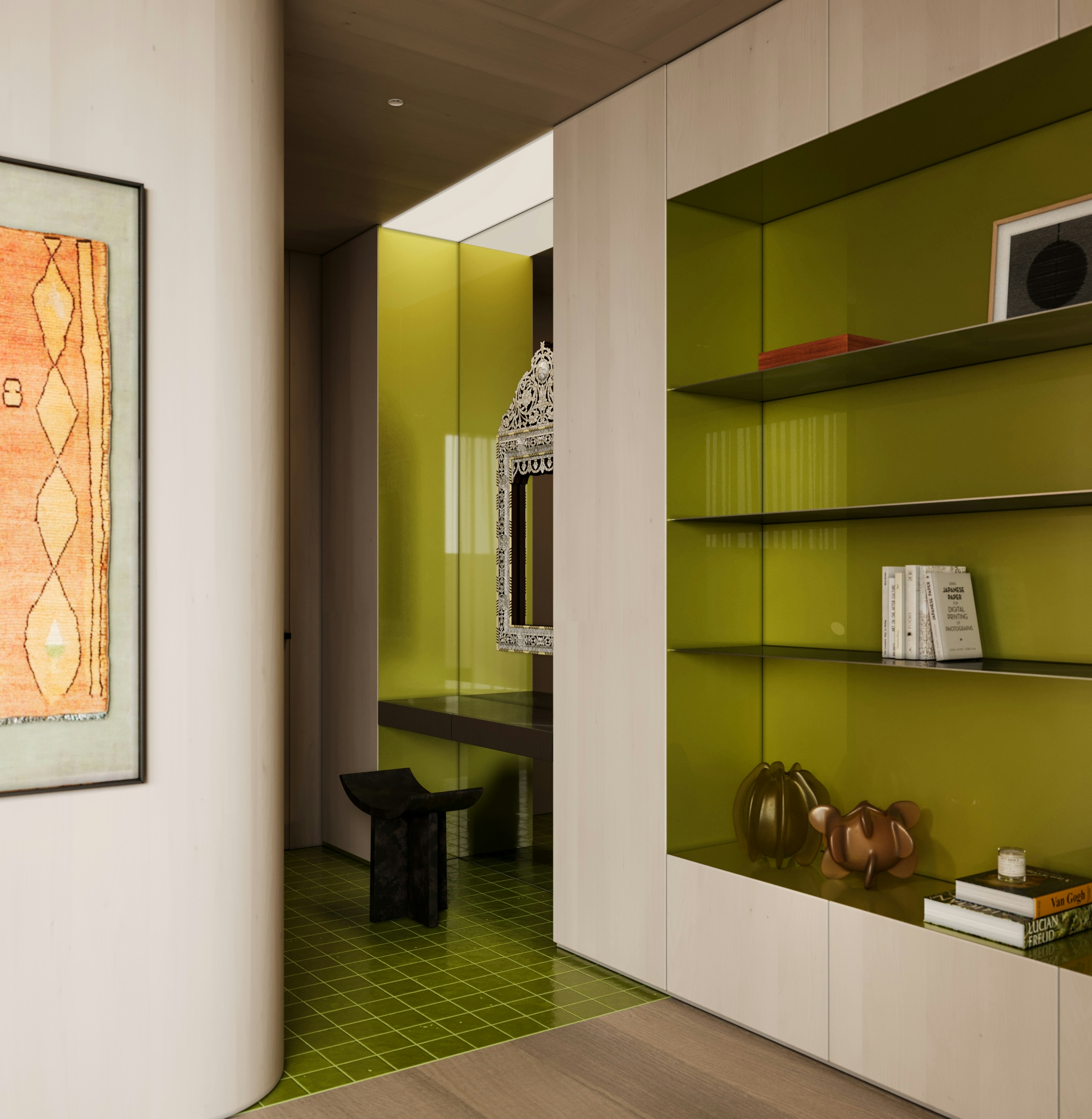 Hallway with olive green glass shelving, books, and decorative objects, accented with Moroccan-style mirror.