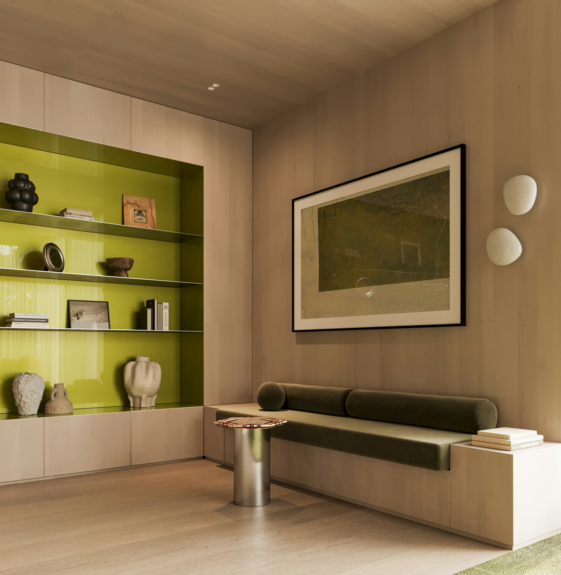 Living area with olive green shelving, built-in seating, and modern artwork in a soft neutral palette.