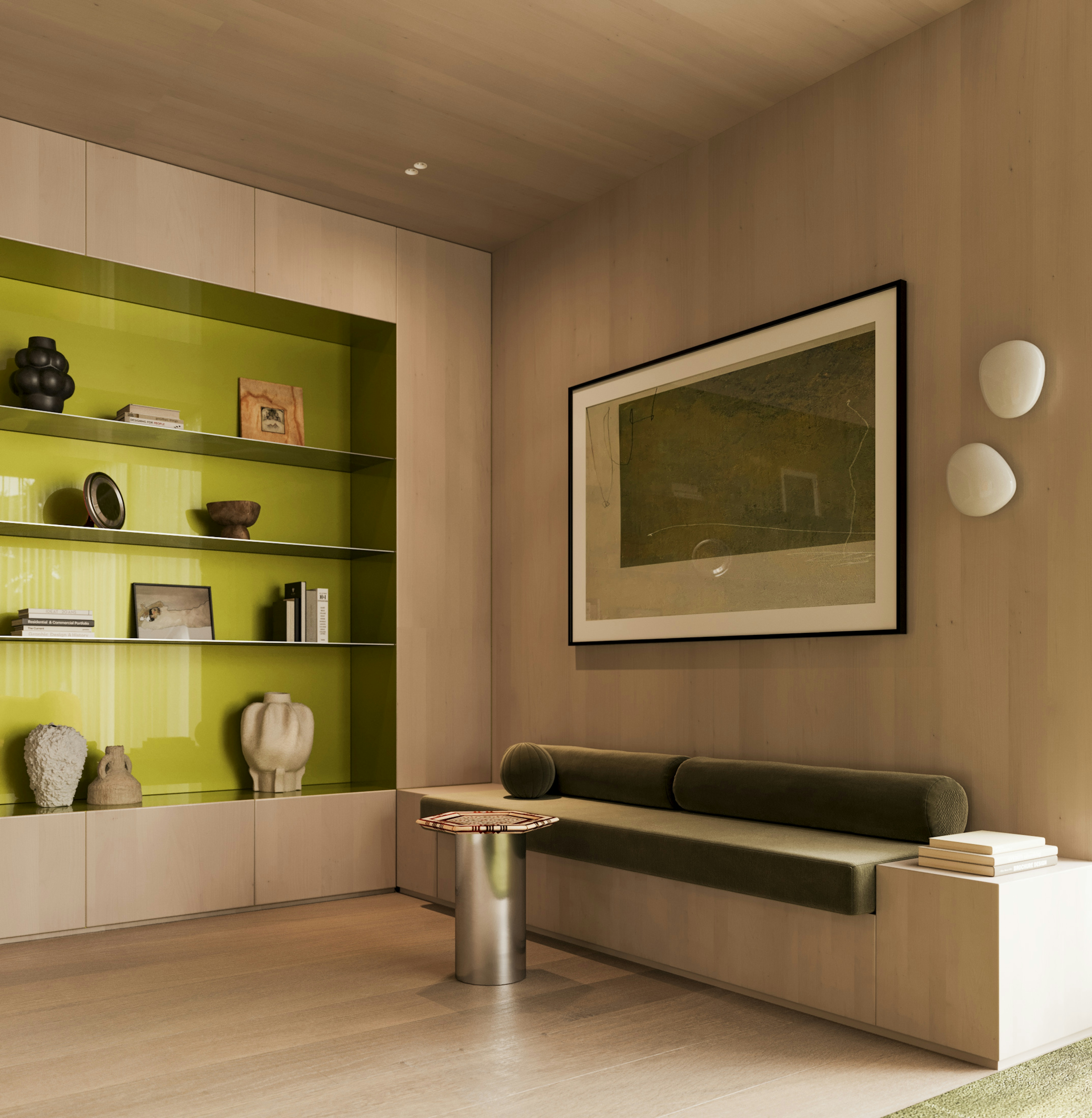 Living area with olive green shelving, built-in seating, and modern artwork in a soft neutral palette.