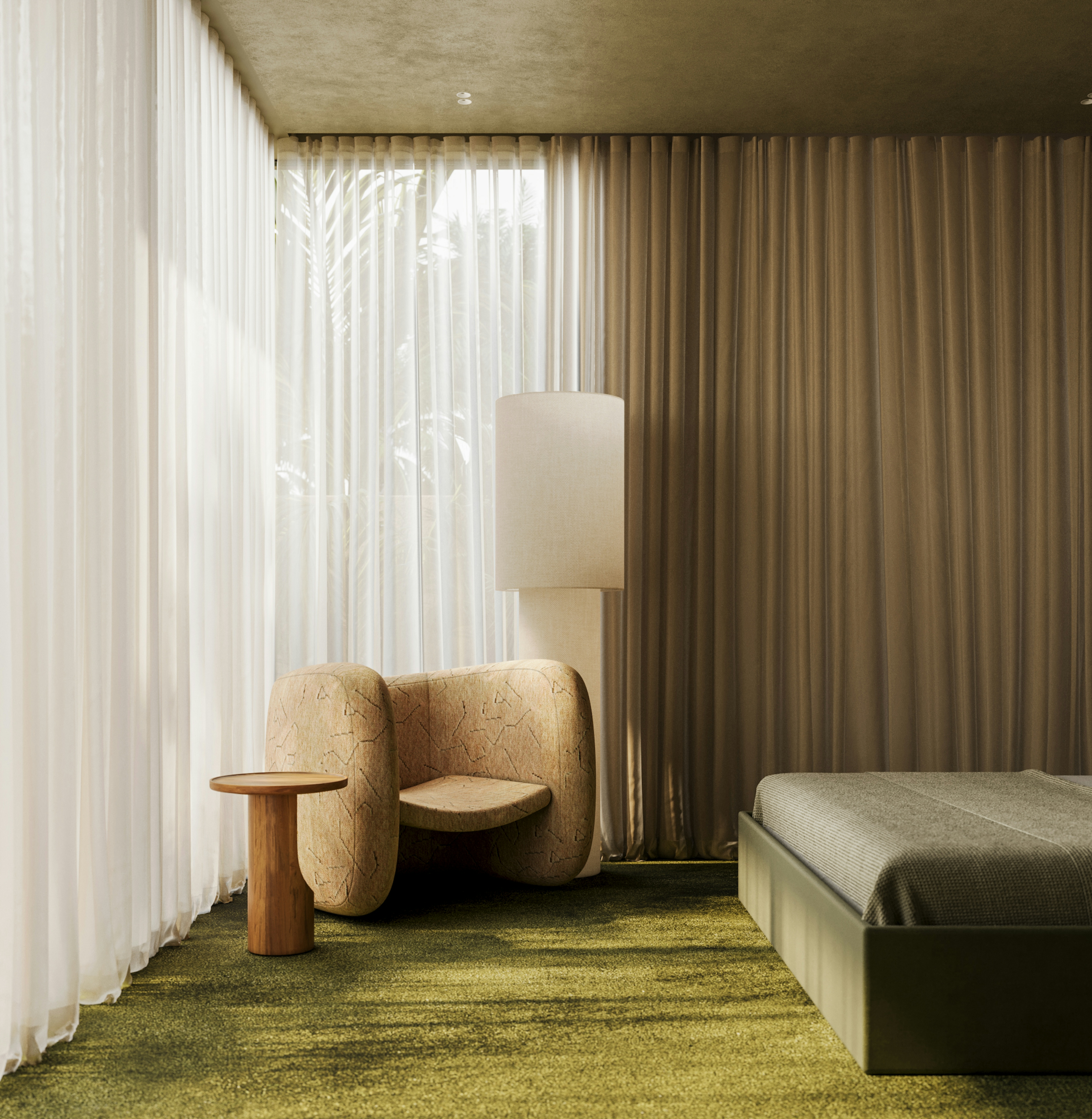 Cozy reading nook with sculptural armchair, floor lamp, and green carpet beside floor-to-ceiling curtains.