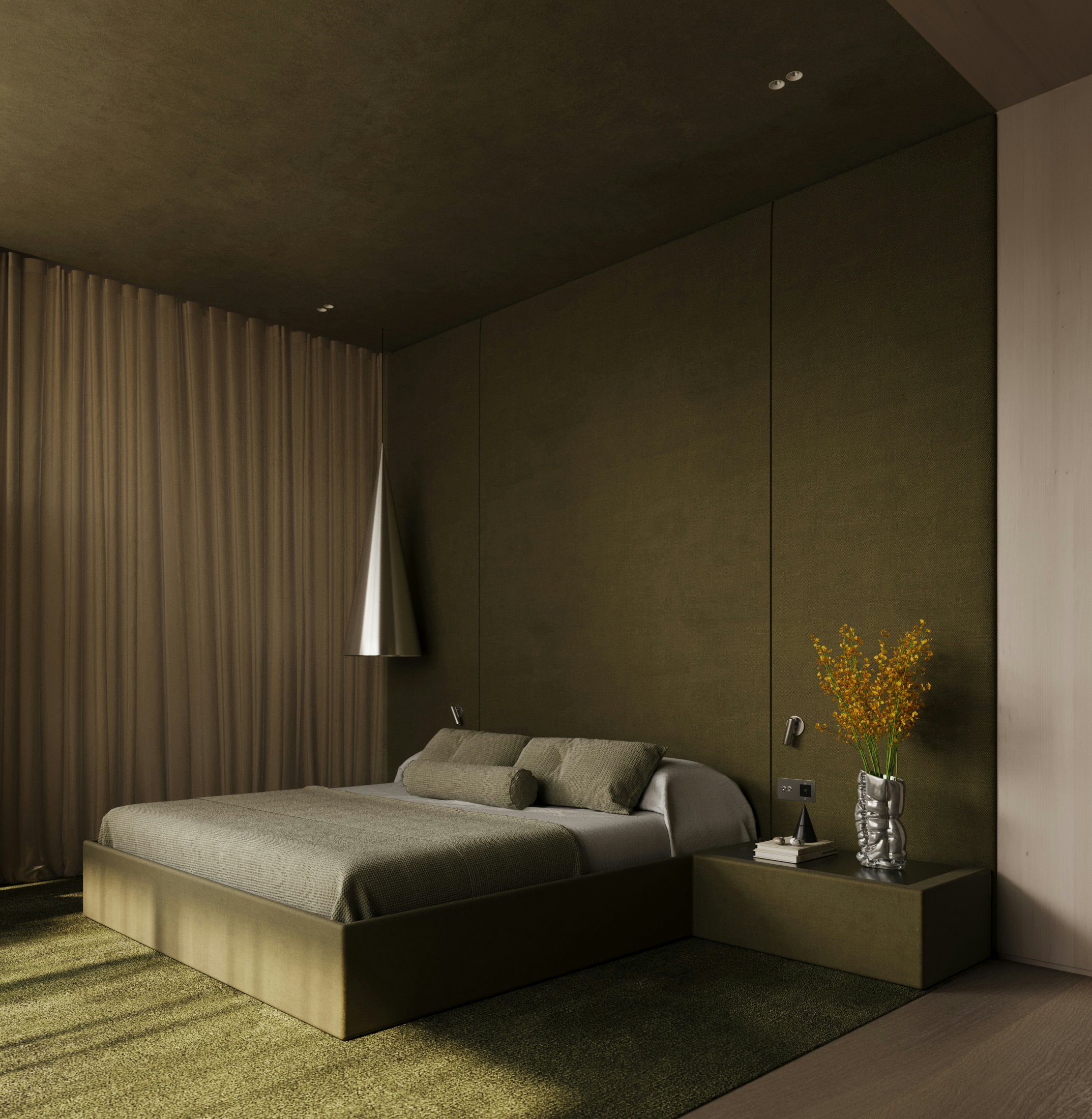 Bedroom with green textured wall, matching bed frame, and warm accent lighting.