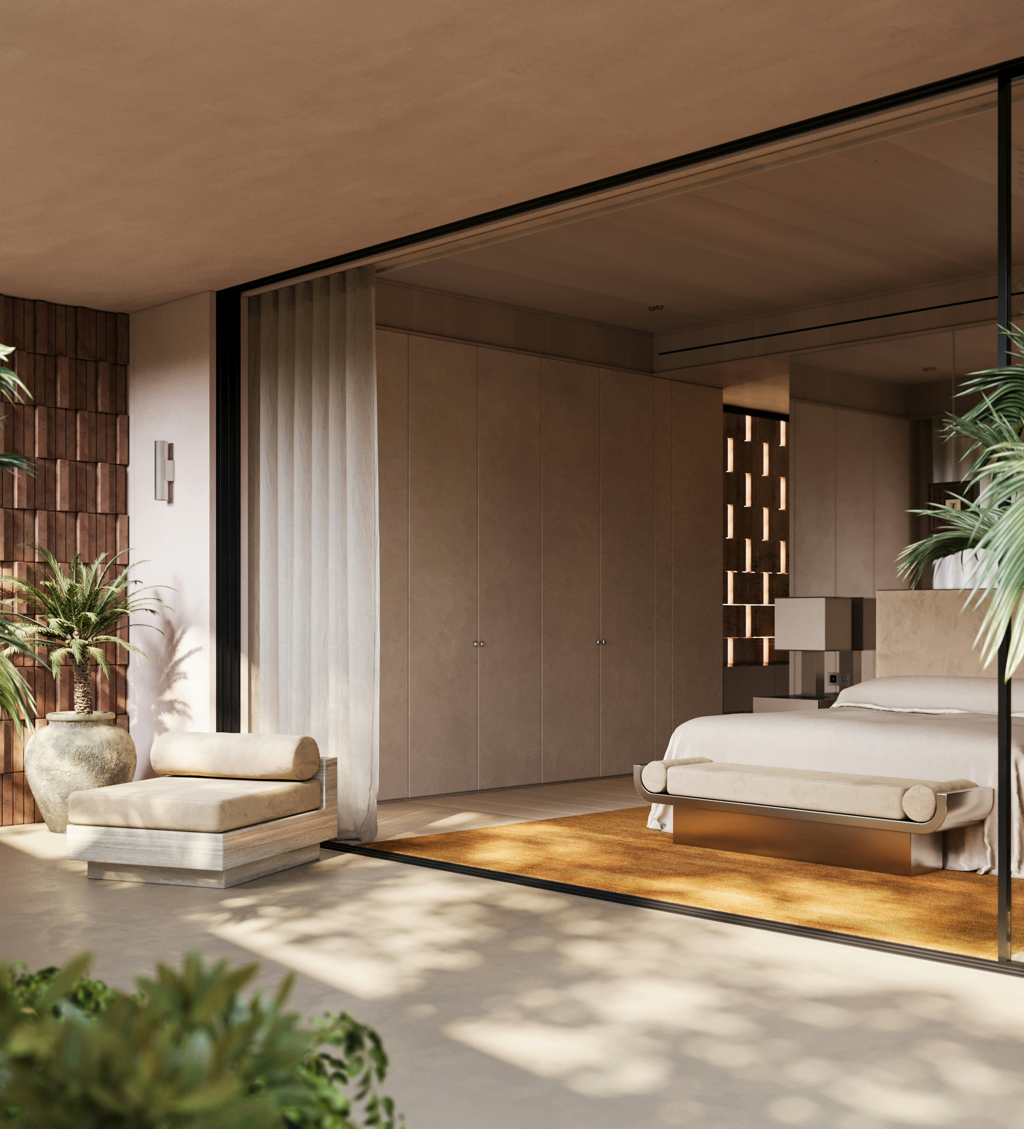 Master bedroom opening onto a terrace with sliding glass doors, indoor-outdoor flow, and minimalist furniture in warm neutral tones.