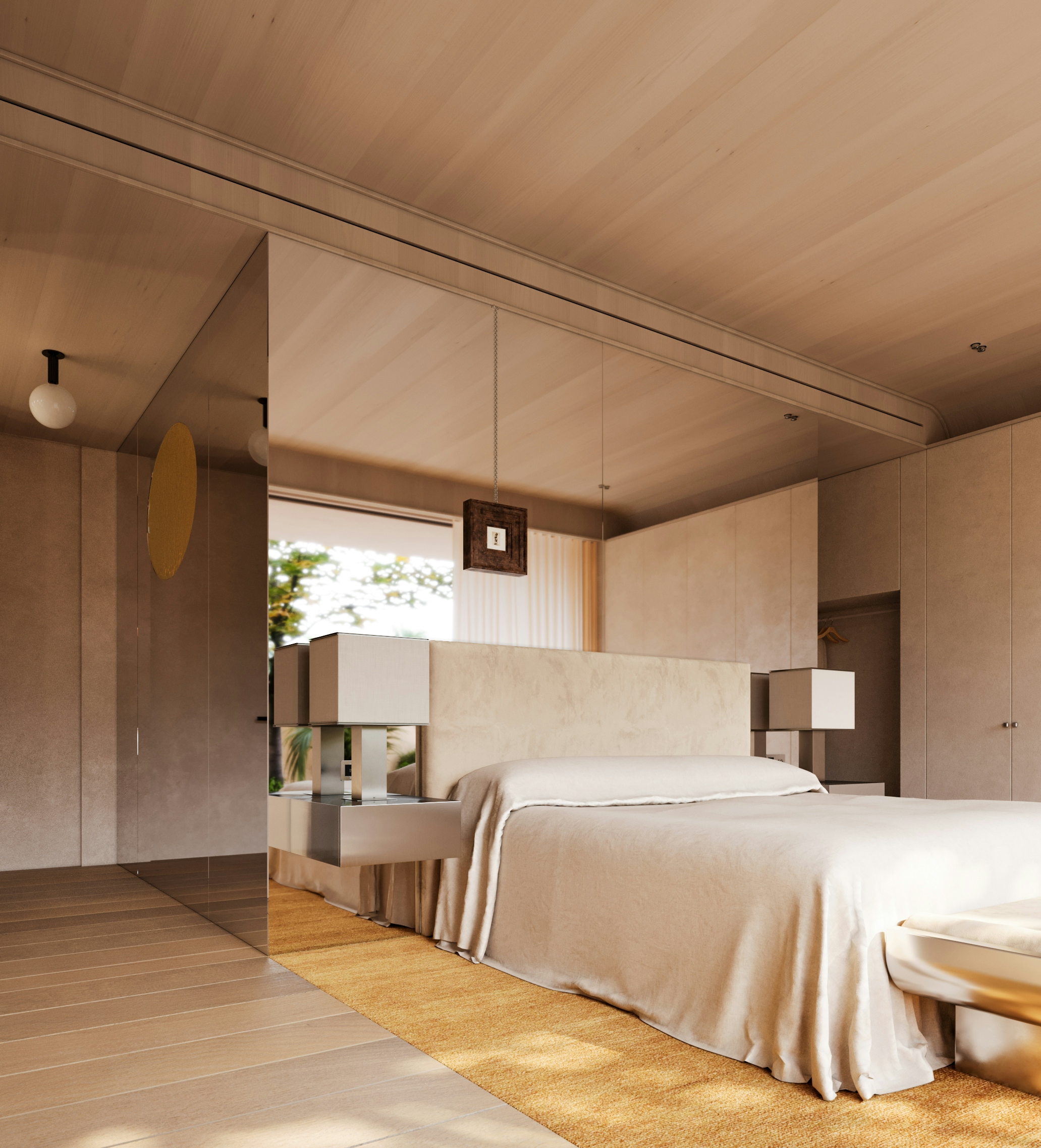 Minimalist bedroom with neutral tones, floating bedside tables, and soft natural light.