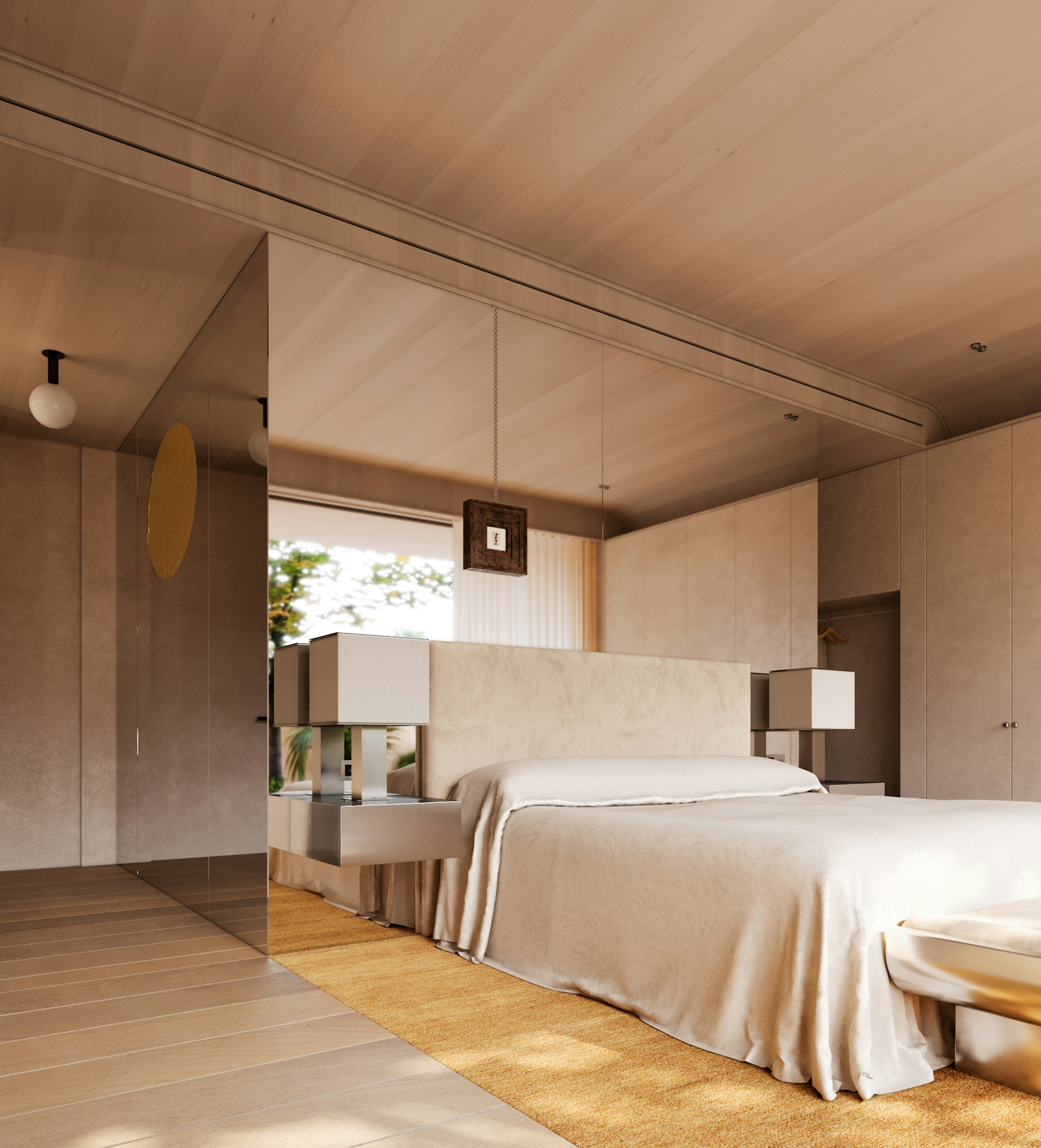 Minimalist bedroom with neutral tones, floating bedside tables, and soft natural light.