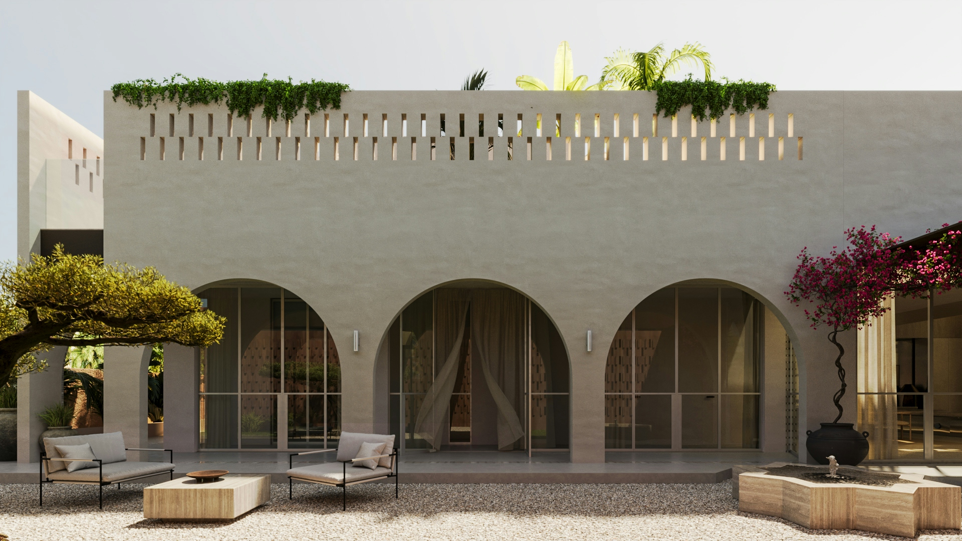 Exterior courtyard with arched openings, climbing greenery, and modern minimalist design.