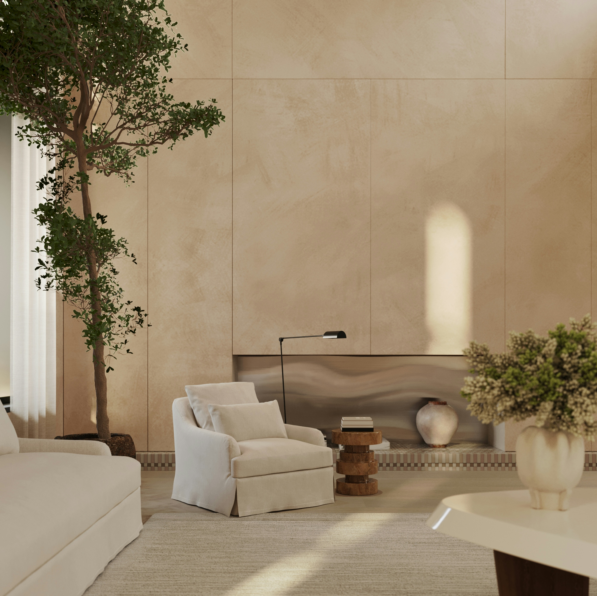 Modern living room with armchair, side table, indoor tree, and textured beige wall.