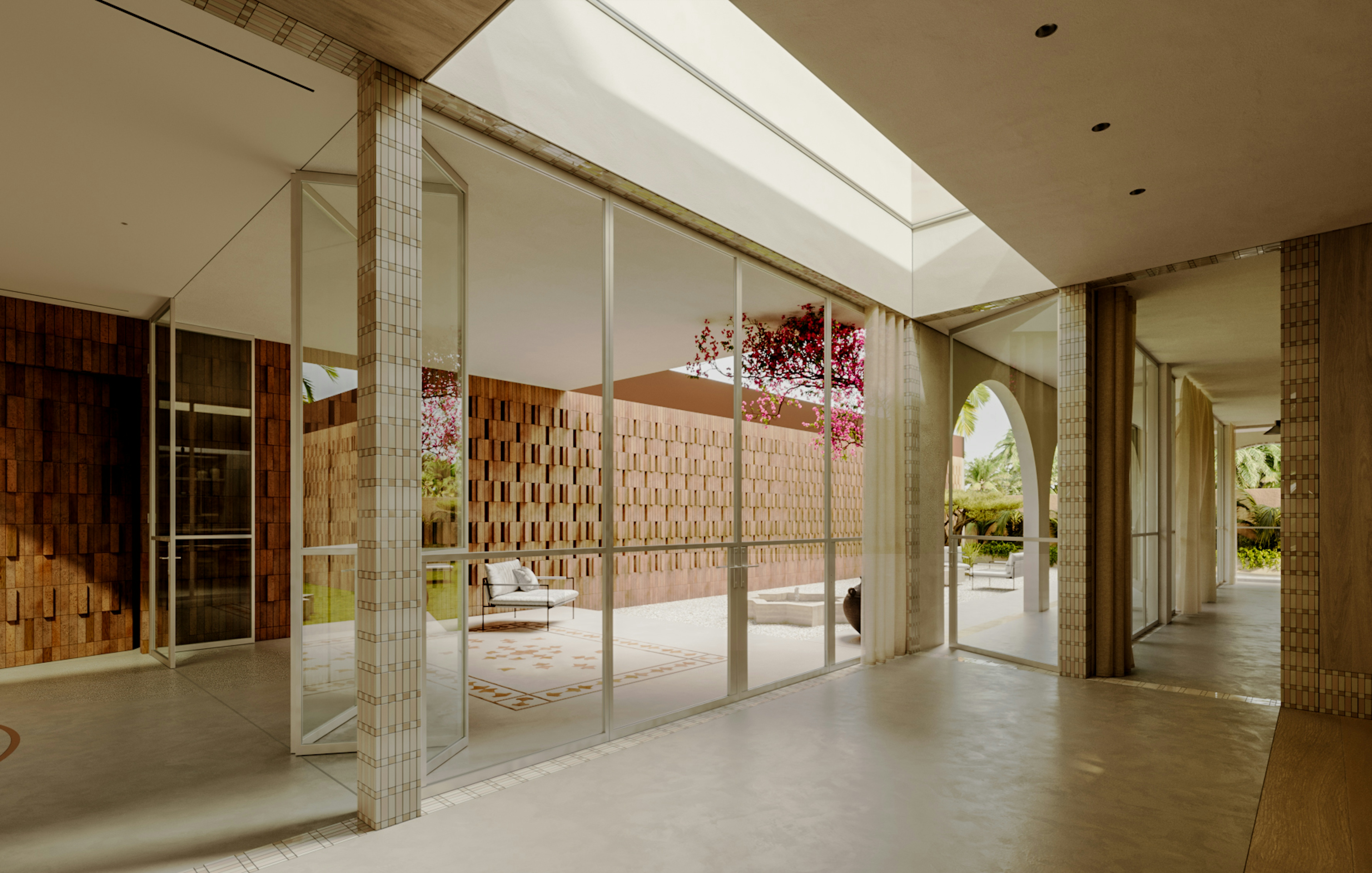 Courtyard corner with arched façade, tree, climbing flowers, and outdoor seating area.