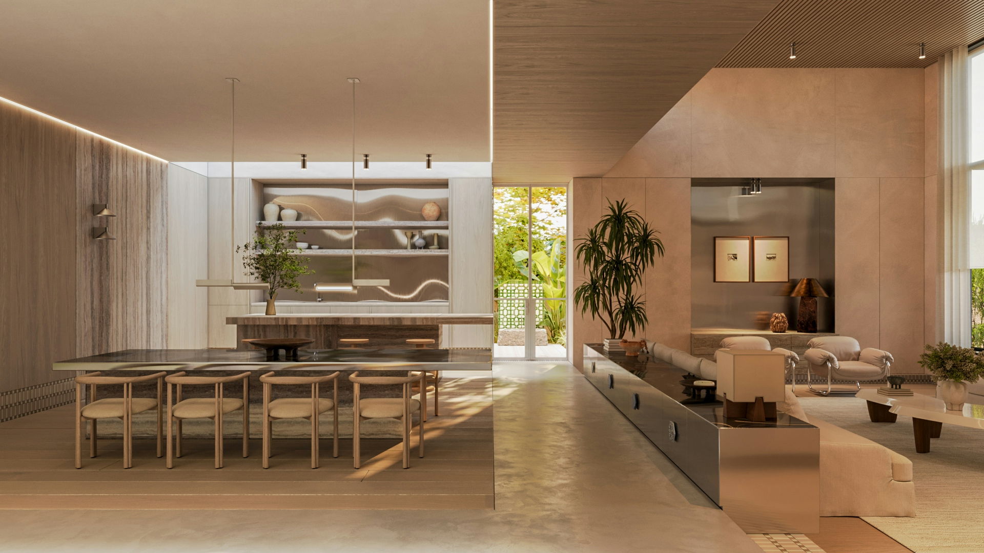 Open-plan kitchen, dining, and living room with neutral palette and modern furnishings.