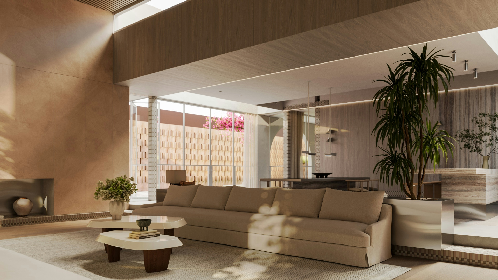 Contemporary living room with beige sofa, indoor plants, and full-height windows bringing natural light.