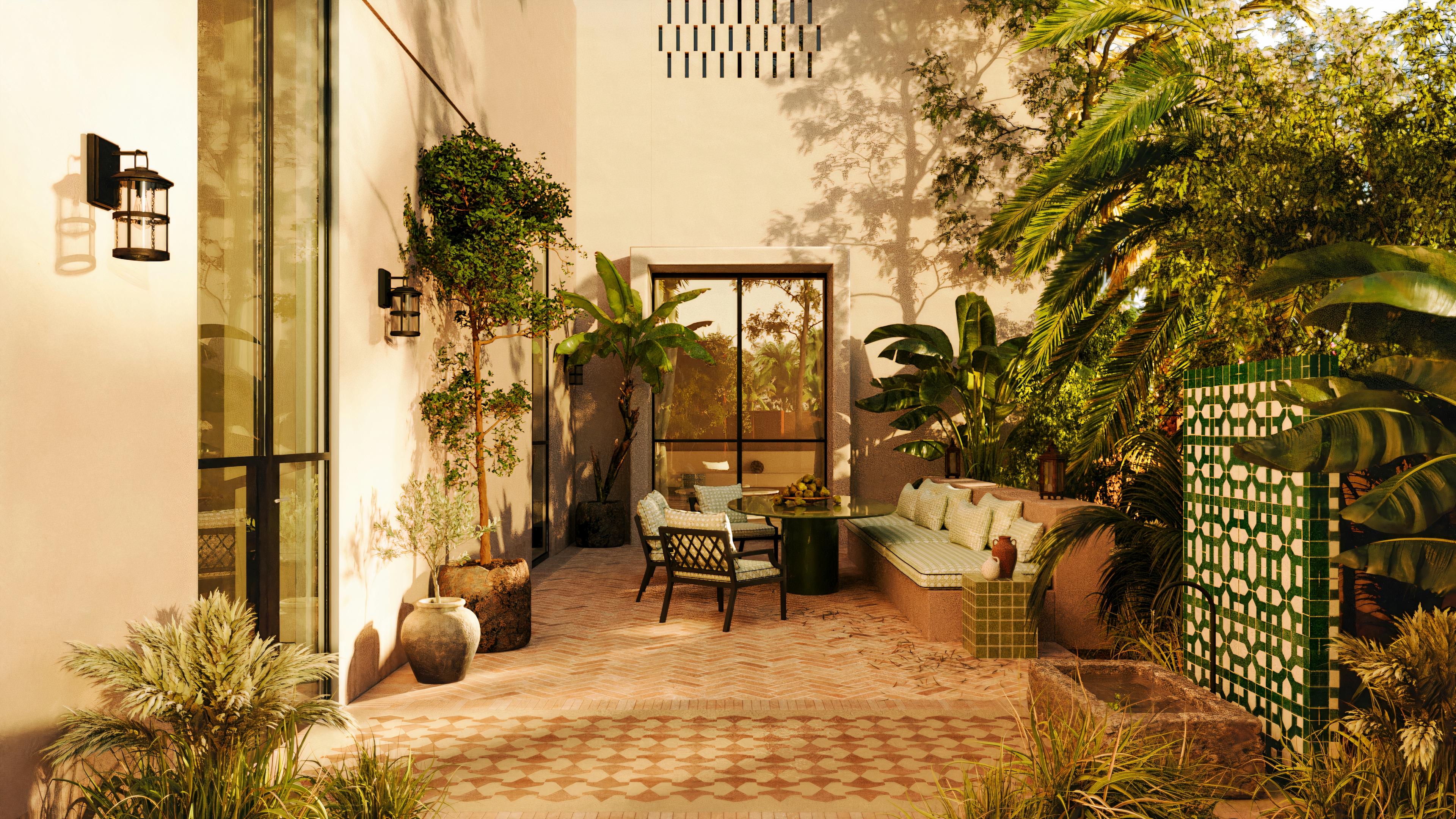 Side garden terrace with tiled floor, lush planting, built-in bench seating, and green privacy screen.