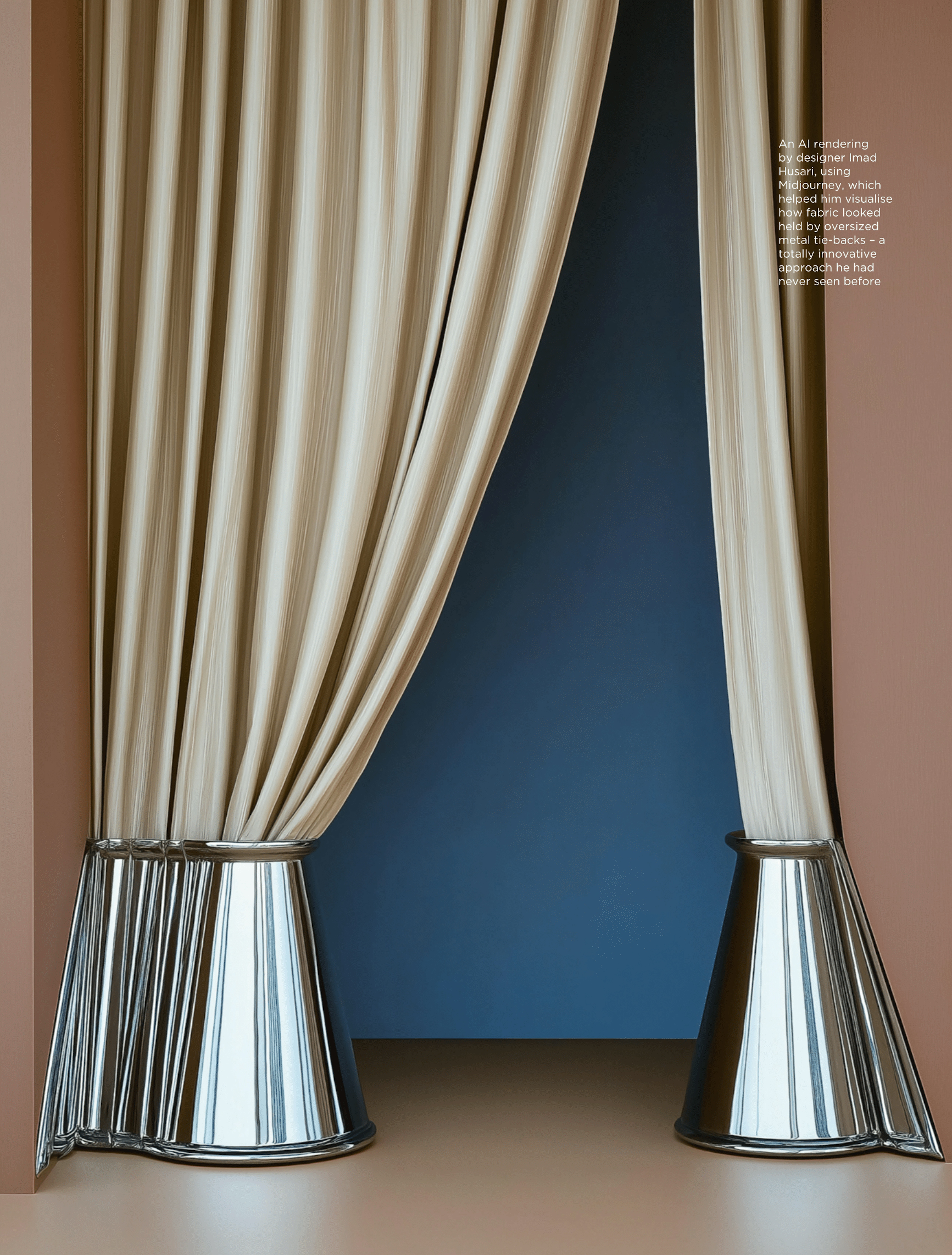 Livingetc article featuring designer Imad Husari’s AI-generated drapery concept created with Midjourney.