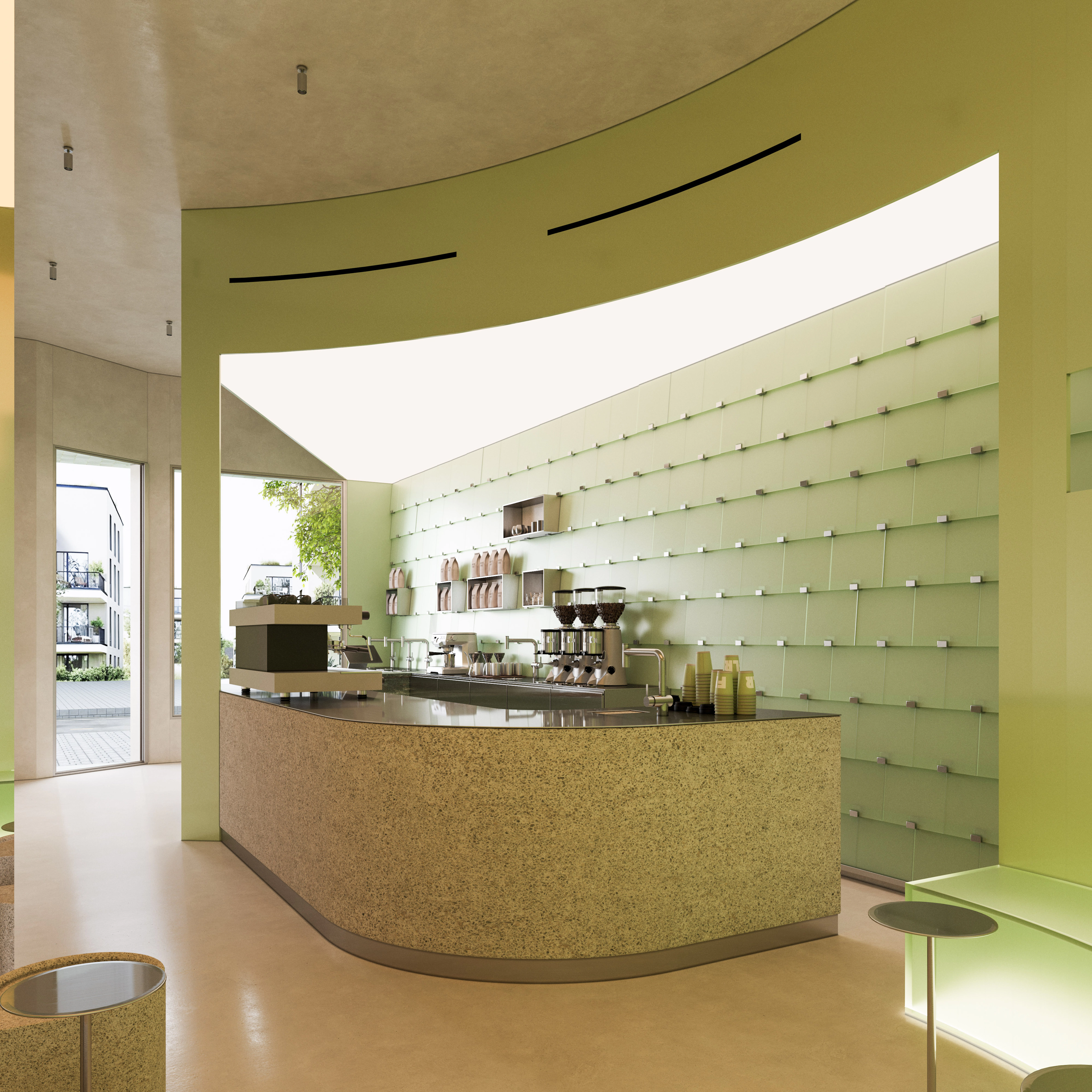 Panoramic café scene featuring the sculptural bar as a functional centerpiece, surrounded by green architectural surfaces that emphasise depth, light, and the craft of coffee making.