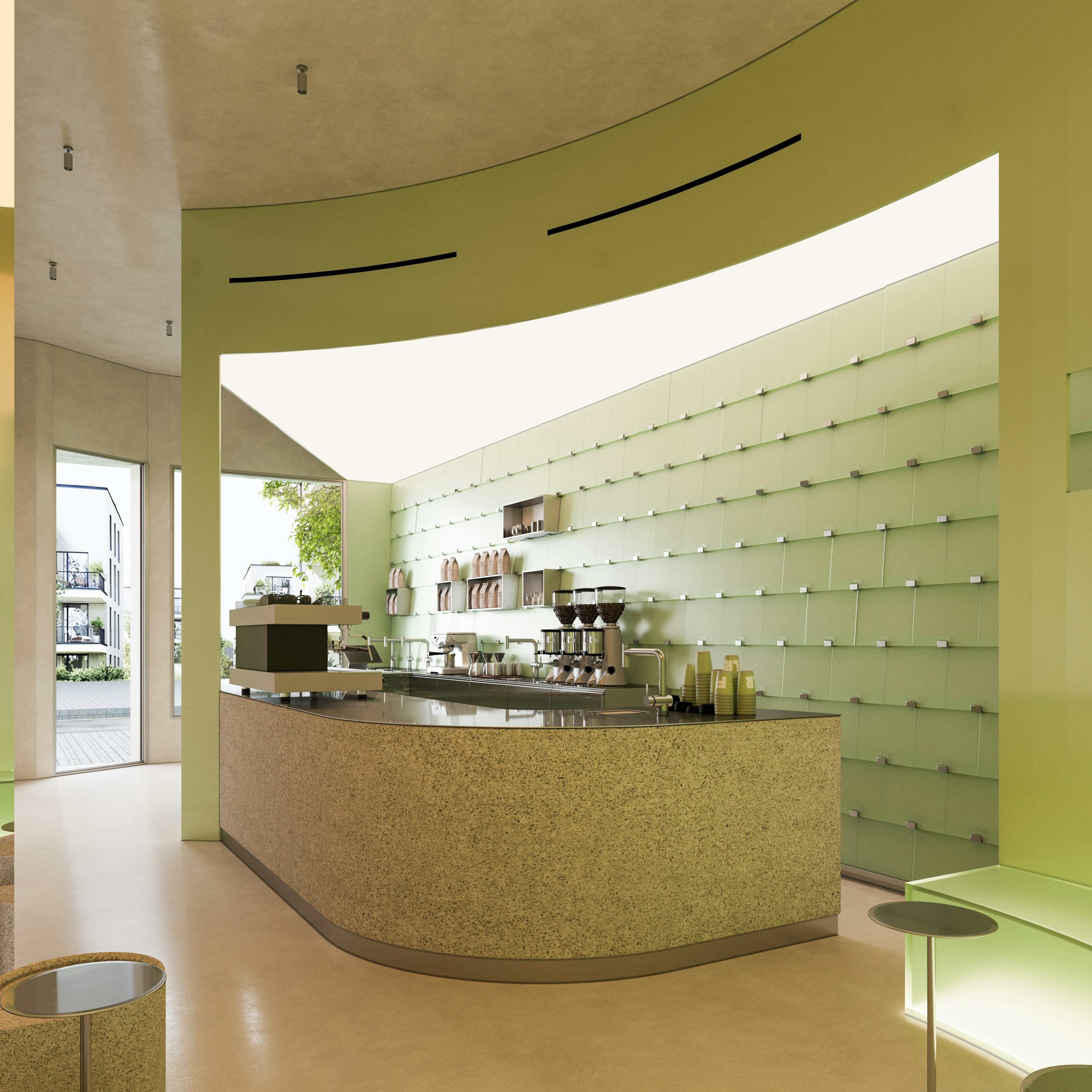 Panoramic café scene featuring the sculptural bar as a functional centerpiece, surrounded by green architectural surfaces that emphasise depth, light, and the craft of coffee making.