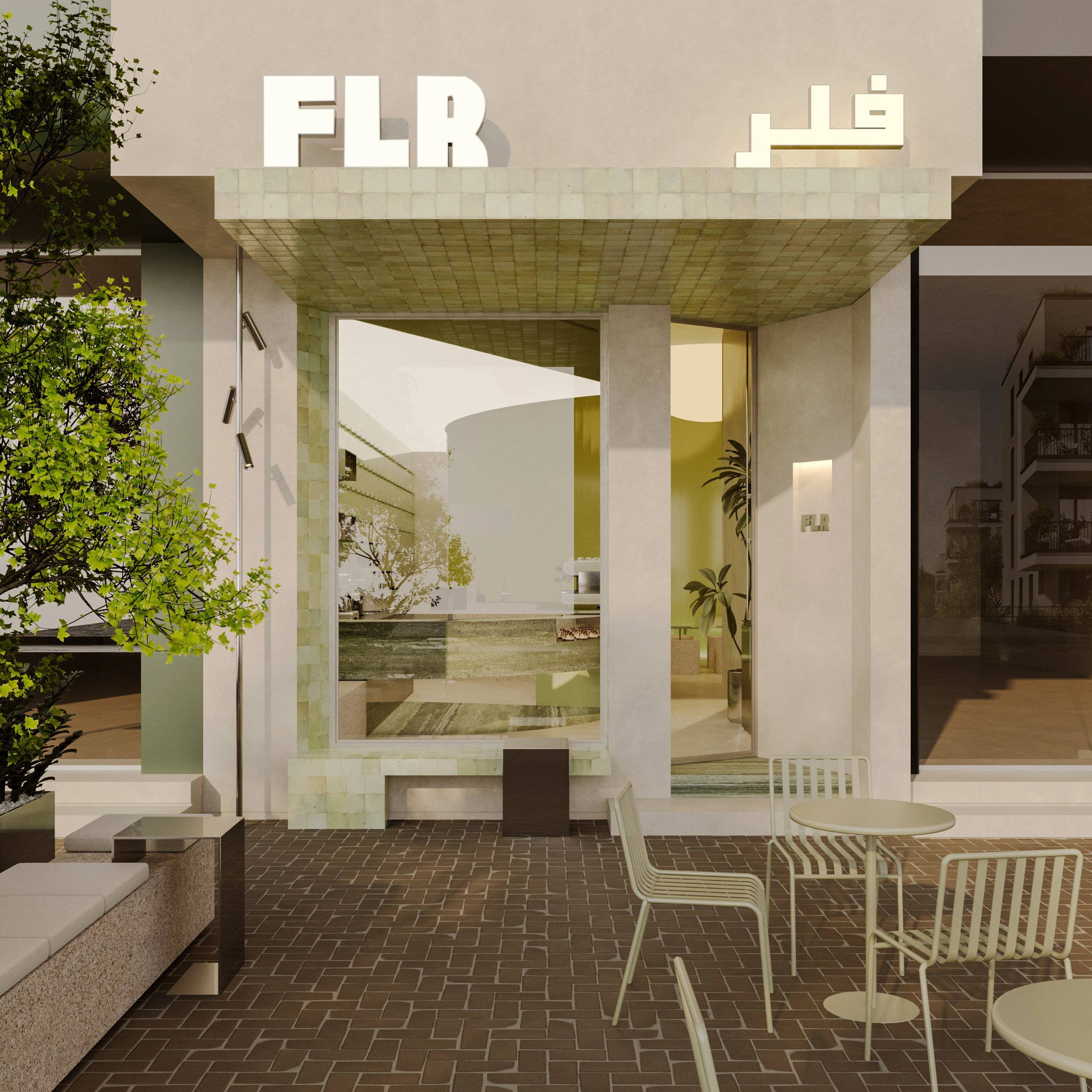 Exterior view of the café where the large window frames the sculptural bar inside, revealing the preparation area as a celebrated architectural feature and core of the café’s identity.
