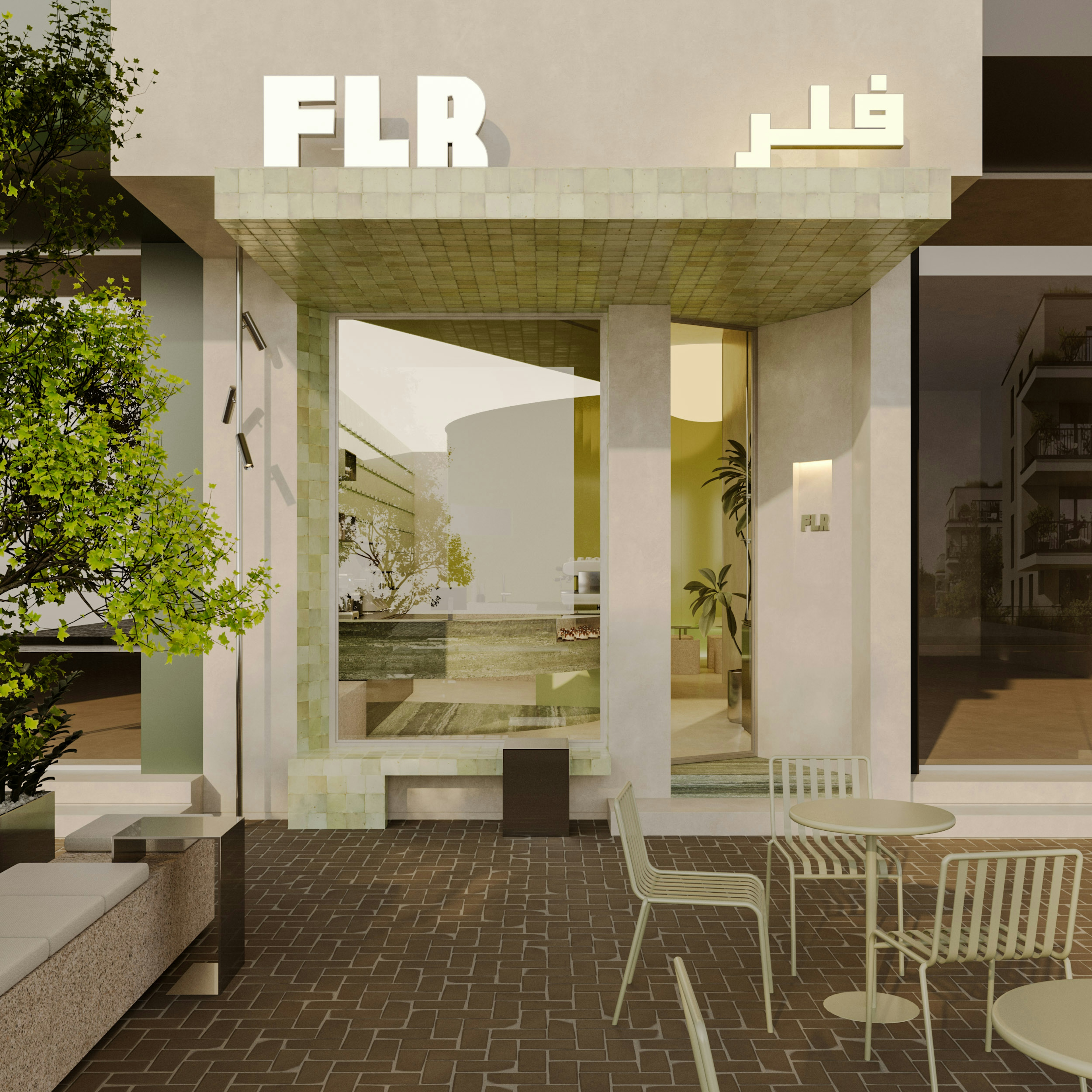 Exterior view of the café where the large window frames the sculptural bar inside, revealing the preparation area as a celebrated architectural feature and core of the café’s identity.