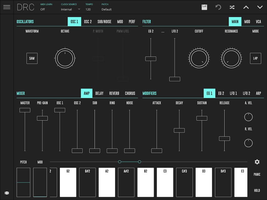 Polyphonic Synthesizer DRC has oscillators, reverb, envelopes and much more modifiers