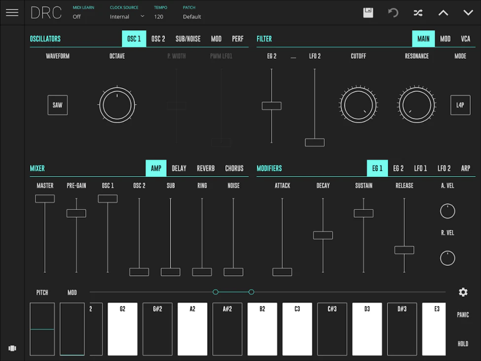 DRC polyphonic synthesizer app for iPad and iPhone with filters, envelopes and subtractive sound design